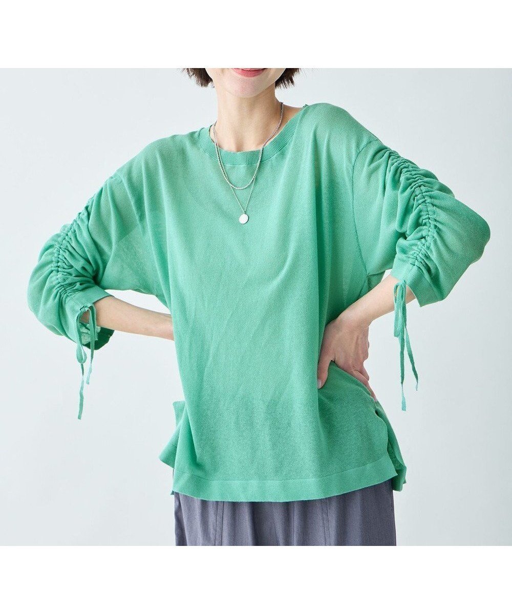 【エニー/ANY】のシアーシャーリングスリーブニット インテリア・キッズ・メンズ・レディースファッション・服の通販 founy(ファニー) 　ファッション　Fashion　レディースファッション　Fashion for Women　トップス・カットソー　Cut & Sew Tops　ニット　Knit Tops & Sweaters　おすすめ　Recommended / Our Picks　シャーリング　Shirring, Ruched　セーター　Sweater, Knitwear　バランス　Balance, Style Balance　夏　Summer　春　Spring　S/S・春夏　SS, Spring/Summer, Warm Season　グリーン|ID: prp329100004868880 ipo3291000000036282155