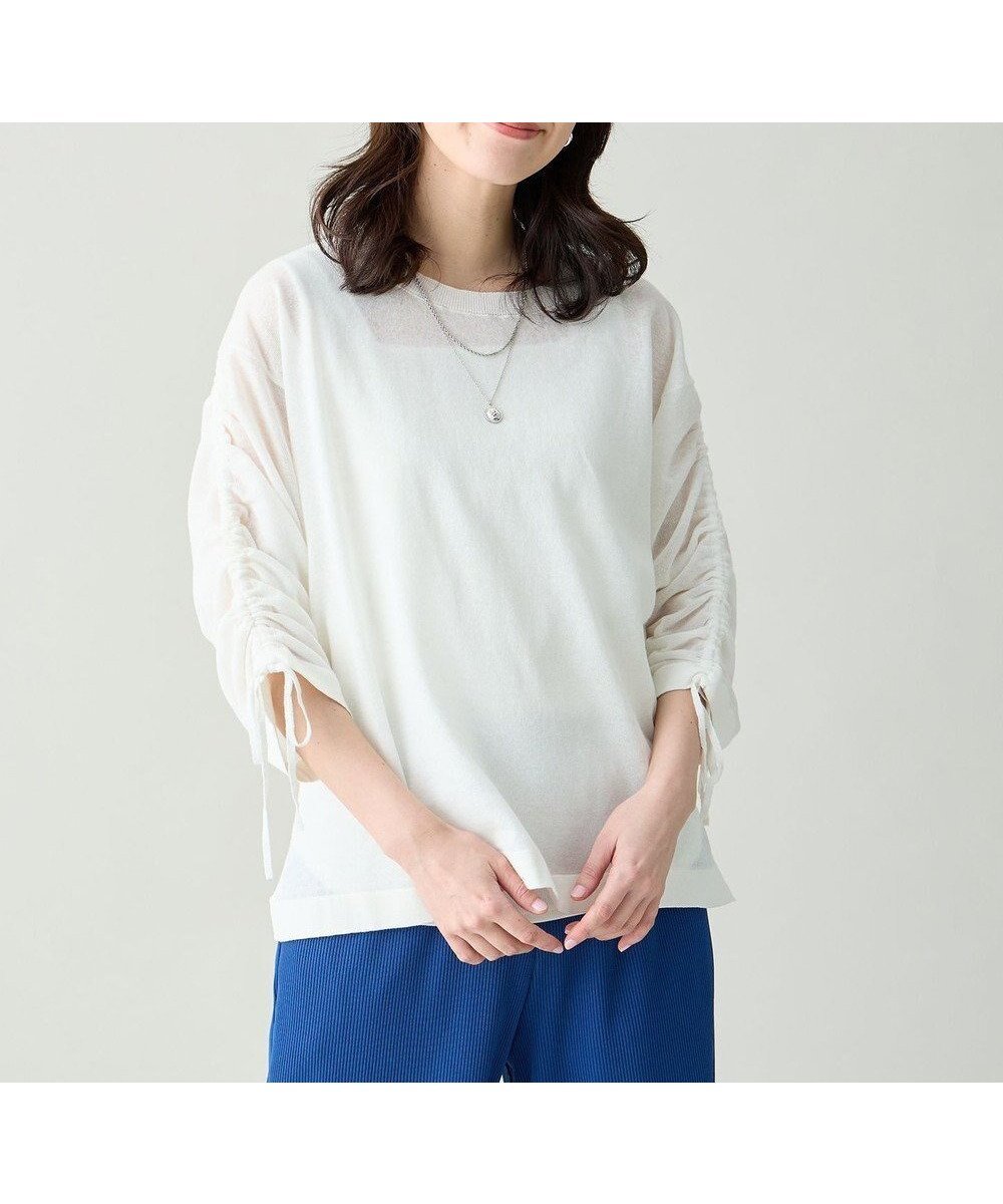 【エニー/ANY】のシアーシャーリングスリーブニット インテリア・キッズ・メンズ・レディースファッション・服の通販 founy(ファニー) 　ファッション　Fashion　レディースファッション　Fashion for Women　トップス・カットソー　Cut & Sew Tops　ニット　Knit Tops & Sweaters　おすすめ　Recommended / Our Picks　シャーリング　Shirring, Ruched　セーター　Sweater, Knitwear　バランス　Balance, Style Balance　夏　Summer　春　Spring　S/S・春夏　SS, Spring/Summer, Warm Season　エクリュ|ID: prp329100004868880 ipo3291000000036282158