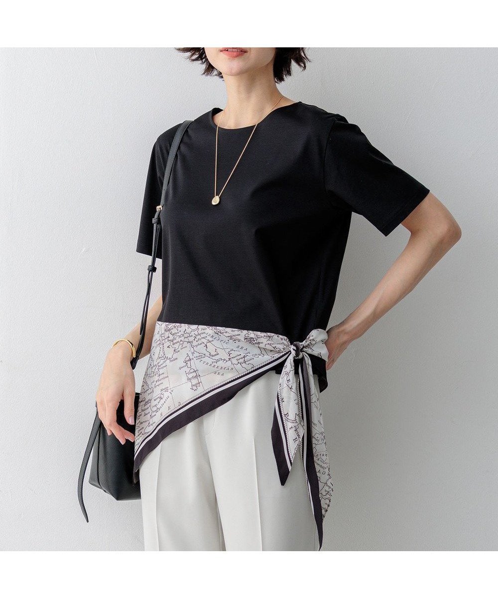 【23区/NIJYUSANKU】の【先行予約】スカーフコンビジャージー ウエストデザイン カットソー インテリア・キッズ・メンズ・レディースファッション・服の通販 founy(ファニー) 　ファッション　Fashion　レディースファッション　Fashion for Women　トップス・カットソー　Cut & Sew Tops　シャツ・ブラウス・オフィスカジュアル　Elegant Blouses & Button-Ups　ロングTシャツ・Tシャツ　Longline T-Shirts & Tees　カットソー・ベーシックTシャツ　Cut-and-Sewn Tops / Stretch Tees & Basics　春　Spring　カットソー　Cut and Sewn Top　カーディガン　Cardigan, Knitwear　シンプル　Simple, Minimal　スカーフ　Scarf, Neckwear　タイトスカート　Pencil Skirt, Tight Skirt　デニム　Denim, Jeans Material　トレンド　Trend, Trending Now　ドッキング　Docking, Mixed Material　パターン　Pattern, Design Print　プリント　Print, Printed Pattern　S/S・春夏　SS, Spring/Summer, Warm Season　おすすめ　Recommended / Our Picks　夏　Summer　2026年　2026　ブラック×オフ|ID: prp329100004868989 ipo3291000000036282730