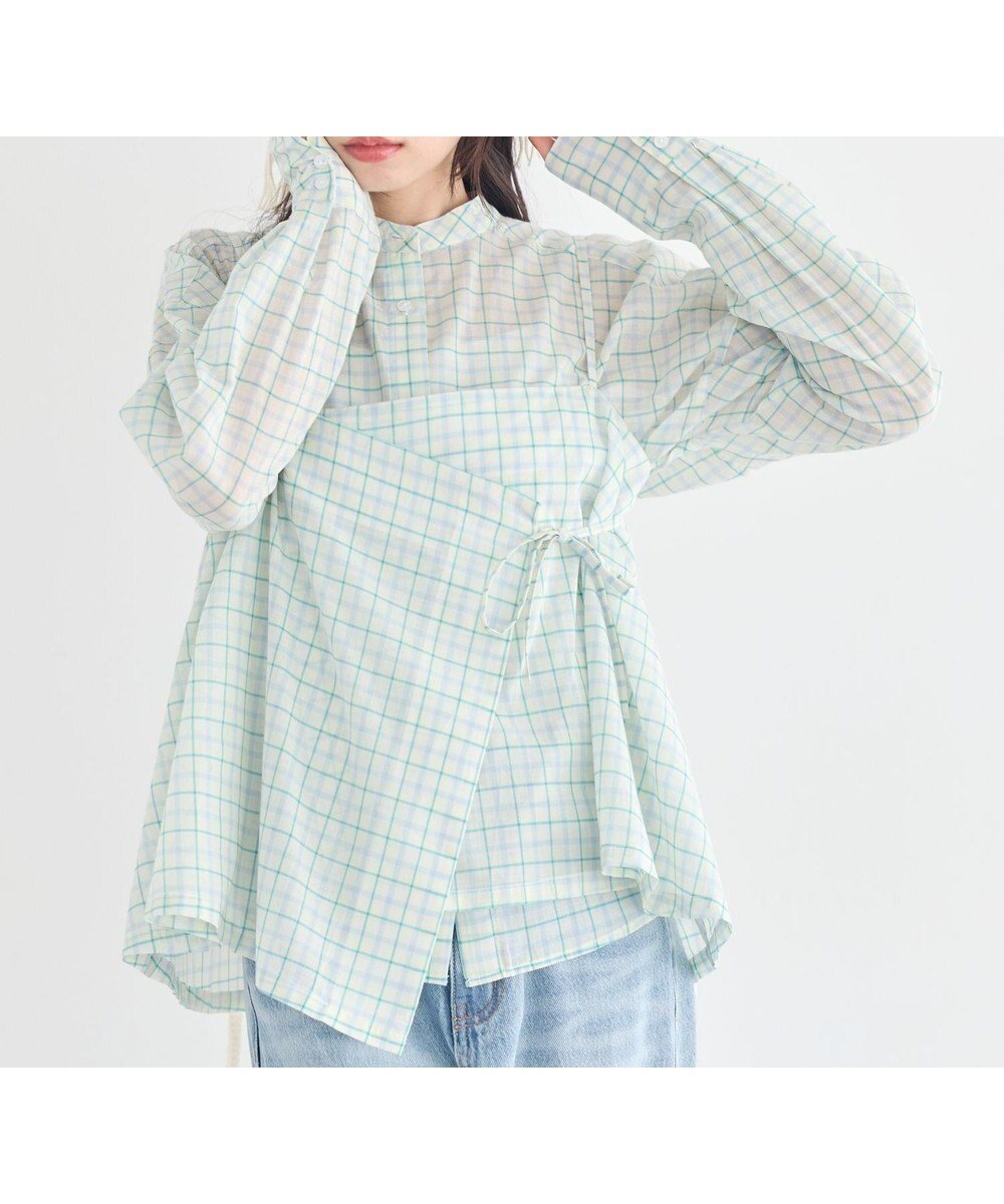 【アースミュージックアンドエコロジー/earth music&ecology】の【綿100%】SET2点エプロンライクビスチェ+シャツ インテリア・キッズ・メンズ・レディースファッション・服の通販 founy(ファニー) 　ファッション　Fashion　レディースファッション　Fashion for Women　トップス・カットソー　Cut & Sew Tops　シャツ・ブラウス・オフィスカジュアル　Elegant Blouses & Button-Ups　ビスチェ　Bustiers & Corset Tops / Layered Bustier Style　春　Spring　シアー　Sheer, See-Through　シンプル　Simple, Minimal　チェック　Check, Plaid, Tartan　トレンド　Trend, Trending Now　ビスチェ　Bustier, Corset Top　ポケット　Pocket, Pocket Detail　リボン　Ribbon, Bow　リラックス　Relax, Relaxed Fit　S/S・春夏　SS, Spring/Summer, Warm Season　夏　Summer　エレガント 上品　Elegant　グリーン|ID: prp329100004869010 ipo3291000000036283016