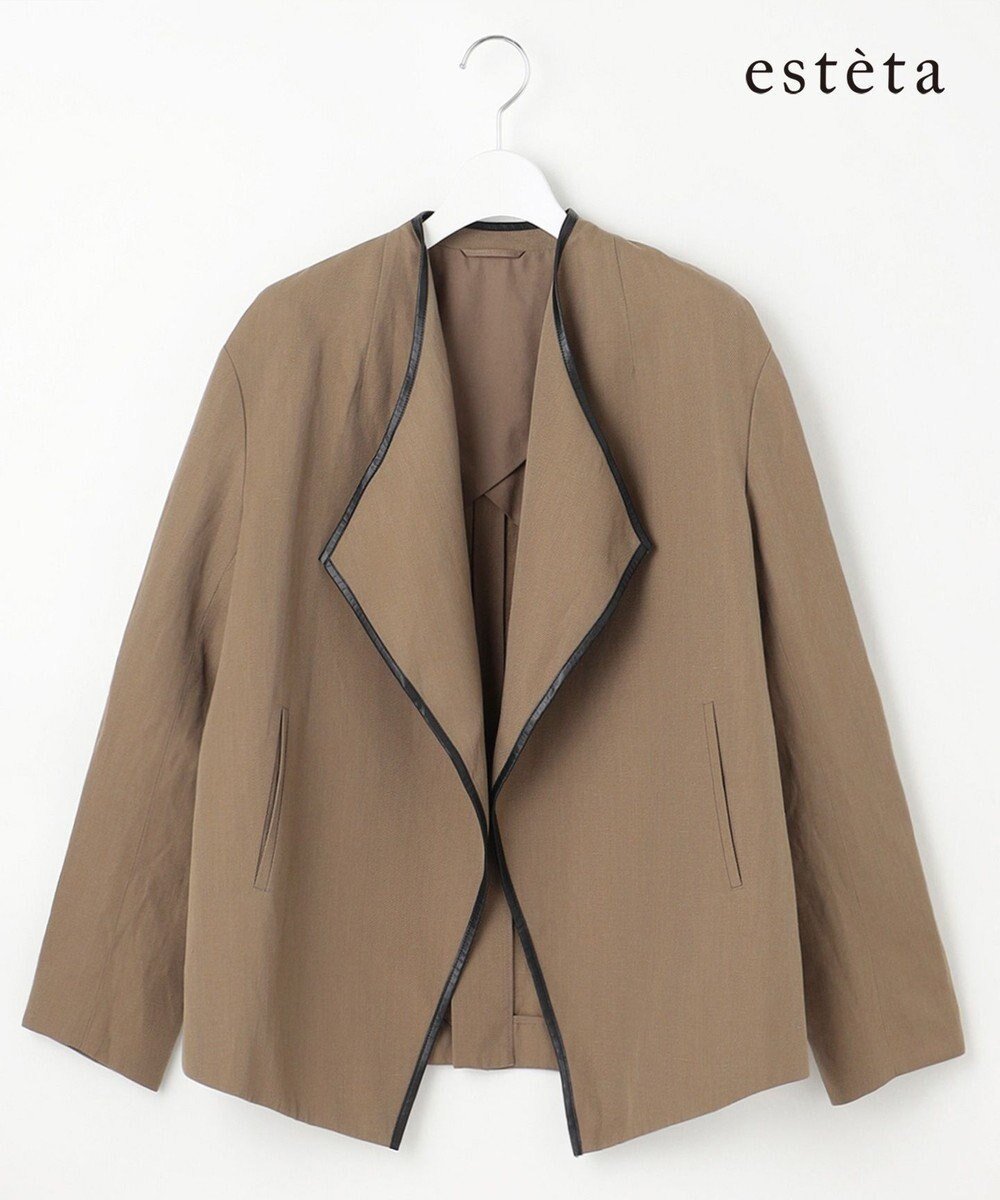 【23区/NIJYUSANKU】の【エステータ】ウールリネン レザートリミング ジャケット インテリア・キッズ・メンズ・レディースファッション・服の通販 founy(ファニー) 　ファッション　Fashion　レディースファッション　Fashion for Women　アウター　Coat / Outerwear Collection　レディースジャケット・軽アウター　Jackets　ノーカラージャケット / シンプル上品コーデ　Collarless Jackets　インナー　Innerwear　春　Spring　ショルダー　Shoulder, Shoulder Strap　ジャケット　Jacket, Outerwear　スタンド　Stand Collar, Upright Stand　トリミング　Trimming, Decorative Edge　ドロップ　Drop Shoulder, Dropped Style　バランス　Balance, Style Balance　ビスチェ　Bustier, Corset Top　フロント　Front, Front Design　別注　Limited Edition, Custom Order　リアル　Real, Realistic　リネン　Linen, Linen Fabric　S/S・春夏　SS, Spring/Summer, Warm Season　おすすめ　Recommended / Our Picks　夏　Summer　カーキ系|ID: prp329100004869224 ipo3291000000036287087