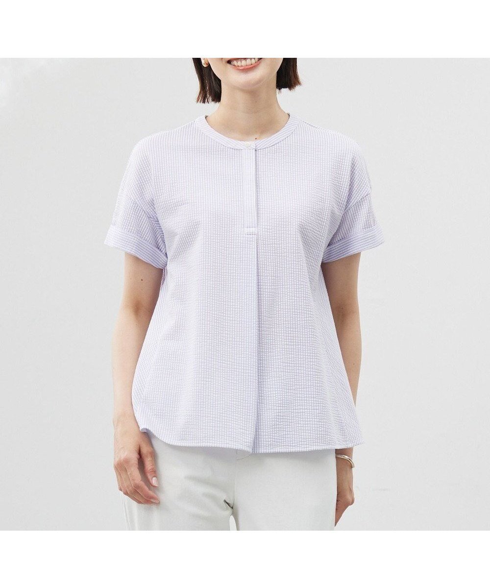 【ジェイ プレス/J.PRESS】の【洗える・抗菌防臭・吸水速乾】サッカージャージー フレンチスリーブ カットソー インテリア・キッズ・メンズ・レディースファッション・服の通販 founy(ファニー) 　ファッション　Fashion　レディースファッション　Fashion for Women　トップス・カットソー　Cut & Sew Tops　シャツ・ブラウス・オフィスカジュアル　Elegant Blouses & Button-Ups　ロングTシャツ・Tシャツ　Longline T-Shirts & Tees　カットソー・ベーシックTシャツ　Cut-and-Sewn Tops / Stretch Tees & Basics　春　Spring　洗える　Machine Washable　カットソー　Cut and Sewn Top　吸水　Absorbent, Quick-Dry　抗菌　Antibacterial, Bacteria-Resistant　サッカー　Seersucker, Summer Fabric　ストライプ　Stripe, Striped Pattern　スリーブ　Sleeve, Long Sleeve / Short Sleeve　フレア　Flare, Flared　フレンチ　French, French Style　ワイド　Wide, Wide Fit　S/S・春夏　SS, Spring/Summer, Warm Season　夏　Summer　オフ×ラベンダー系|ID: prp329100004869276 ipo3291000000036287528