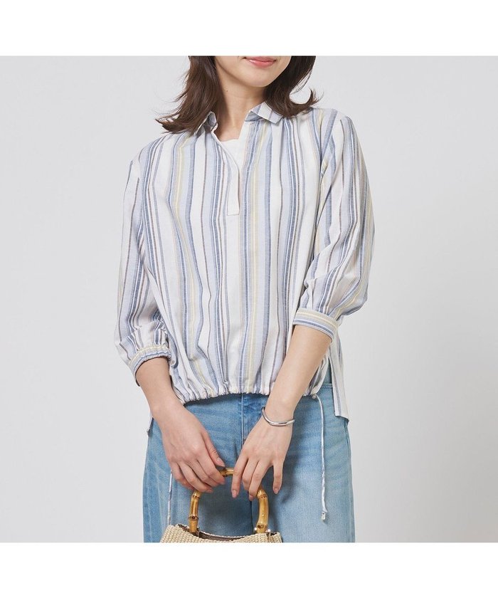 【ジェイ プレス/J.PRESS】のリネンMIX ストライプ スッキパー ブラウス インテリア・キッズ・メンズ・レディースファッション・服の通販 founy(ファニー) https://founy.com/ ファッション Fashion レディースファッション Fashion for Women トップス・カットソー Cut & Sew Tops シャツ・ブラウス・オフィスカジュアル Elegant Blouses & Button-Ups スキッパー Skipper, Open Collar ストライプ Stripe, Striped Pattern バンブー Bamboo, Bamboo Material フェミニン Feminine, Girly フロント Front, Front Design リゾート Resort, Vacation Style リネン Linen, Linen Fabric エレガント 上品 Elegant 夏 Summer 春 Spring S/S・春夏 SS, Spring/Summer, Warm Season |ID: prp329100004869373 ipo3291000000036288975