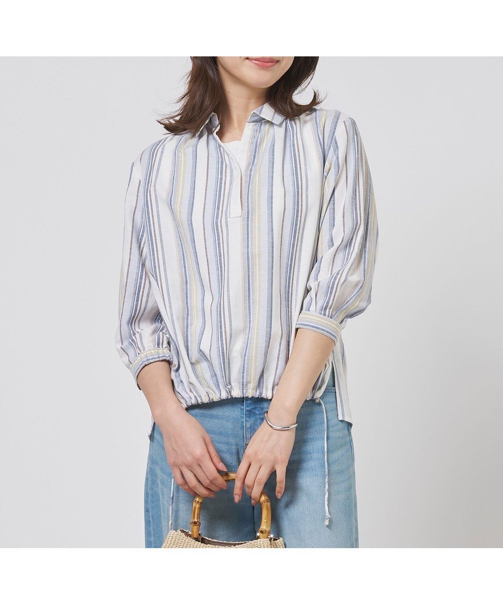 【ジェイ プレス/J.PRESS】のリネンMIX ストライプ スッキパー ブラウス インテリア・キッズ・メンズ・レディースファッション・服の通販 founy(ファニー) 　ファッション　Fashion　レディースファッション　Fashion for Women　トップス・カットソー　Cut & Sew Tops　シャツ・ブラウス・オフィスカジュアル　Elegant Blouses & Button-Ups　スキッパー　Skipper, Open Collar　ストライプ　Stripe, Striped Pattern　バンブー　Bamboo, Bamboo Material　フェミニン　Feminine, Girly　フロント　Front, Front Design　リゾート　Resort, Vacation Style　リネン　Linen, Linen Fabric　エレガント 上品　Elegant　夏　Summer　春　Spring　S/S・春夏　SS, Spring/Summer, Warm Season　ブルーマルチ系|ID: prp329100004869373 ipo3291000000036288976