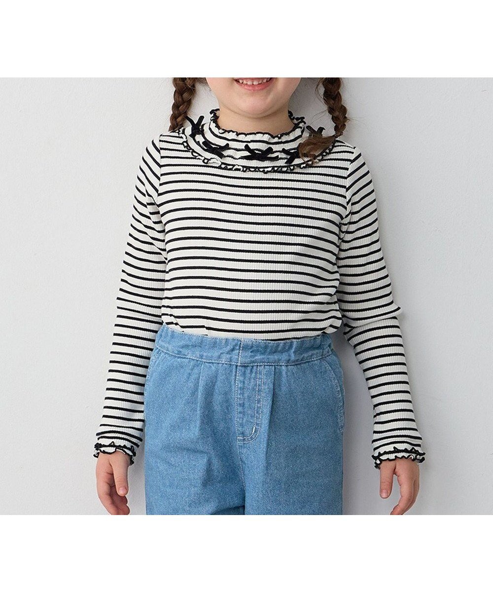 【エニィ/ANY / KIDS】の襟リボンカットソー インテリア・キッズ・メンズ・レディースファッション・服の通販 founy(ファニー) 　ファッション　Fashion　キッズファッション　Fashion for Kids　トップス・カットソー　Cut & Sew Tops　インナー　Innerwear　カットソー　Cut and Sewn Top　シンプル　Simple, Minimal　ポケット　Pocket, Pocket Detail　リボン　Ribbon, Bow　秋　Autumn　A/W・秋冬　Autumn/Winter　ブラック×オフホワイト(ボーダー)|ID: prp329100004869592 ipo3291000000036293156