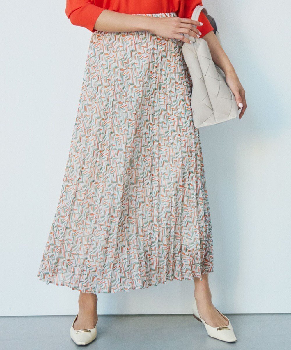 【23区/NIJYUSANKU】の【洗える】シアーヘリンボーンプリント プリーツ スカート インテリア・キッズ・メンズ・レディースファッション・服の通販 founy(ファニー) 　ファッション　Fashion　レディースファッション　Fashion for Women　スカート　Skirts　プリーツスカート / 上品フェミニンスタイル　Pleated Skirts　エレガント 上品　Elegant　オレンジ　Orange　春　Spring　洗える　Machine Washable　シアー　Sheer, See-Through　ジョーゼット　Georgette, Semi-Sheer Fabric　スカーフ　Scarf, Neckwear　フランス　France, French　プリント　Print, Printed Pattern　プリーツ　Pleats, Pleated　ランダム　Random, Irregular　S/S・春夏　SS, Spring/Summer, Warm Season　夏　Summer　2025年　2025　2025春夏・S/S　Spring/Summer 2025 SS25　オレンジプリント|ID: prp329100004869637 ipo3291000000036293385