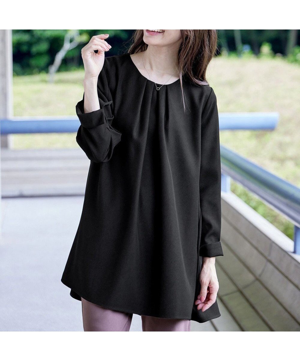 【ティアクラッセ/Tiaclasse】の【洗える】フロントタックバックギャザーフレアチュニックブラウス インテリア・キッズ・メンズ・レディースファッション・服の通販 founy(ファニー) 　ファッション　Fashion　レディースファッション　Fashion for Women　トップス・カットソー　Cut & Sew Tops　シャツ・ブラウス・オフィスカジュアル　Elegant Blouses & Button-Ups　ウォッシャブル　Machine Washable　春　Spring　洗える　Machine Washable　秋　Autumn　ギャザー　Gathered, Ruffled　シューズ　Shoes, Footwear　チュニック　Tunic, Long Top　長袖　Long Sleeve, Full Sleeve　フェミニン　Feminine, Girly　フレア　Flare, Flared　フロント　Front, Front Design　ベーシック　Basic, Essential　ポケット　Pocket, Pocket Detail　ロング　Long, Long-Length　冬　Winter / This Winter　A/W・秋冬　Autumn/Winter　再入荷　Restock / Back in Stock　新作・新入荷　New Arrivals / New In　ブラック|ID: prp329100004869670 ipo3291000000036293594