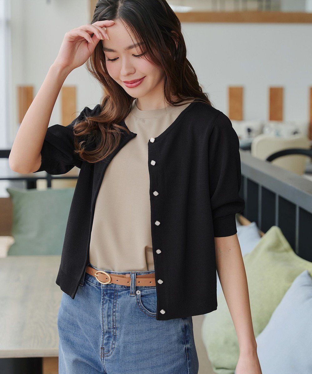 【ティアクラッセ/Tiaclasse】の【洗える】ハーフスリーブサマーニットカーディガン インテリア・キッズ・メンズ・レディースファッション・服の通販 founy(ファニー) 　ファッション　Fashion　レディースファッション　Fashion for Women　トップス・カットソー　Cut & Sew Tops　ニット　Knit Tops & Sweaters　カーディガン・羽織り　Layered Style Cardigans　カーディガン　Cardigan, Knitwear　クール　Cool, Chic　スリーブ　Sleeve, Long Sleeve / Short Sleeve　フェミニン　Feminine, Girly　ポケット　Pocket, Pocket Detail　ラウンド　Round, Round Neck　半袖　Short Sleeve, Half Sleeve　夏　Summer　春　Spring　S/S・春夏　SS, Spring/Summer, Warm Season　洗える　Machine Washable　ブラック|ID: prp329100004869987 ipo3291000000036295591