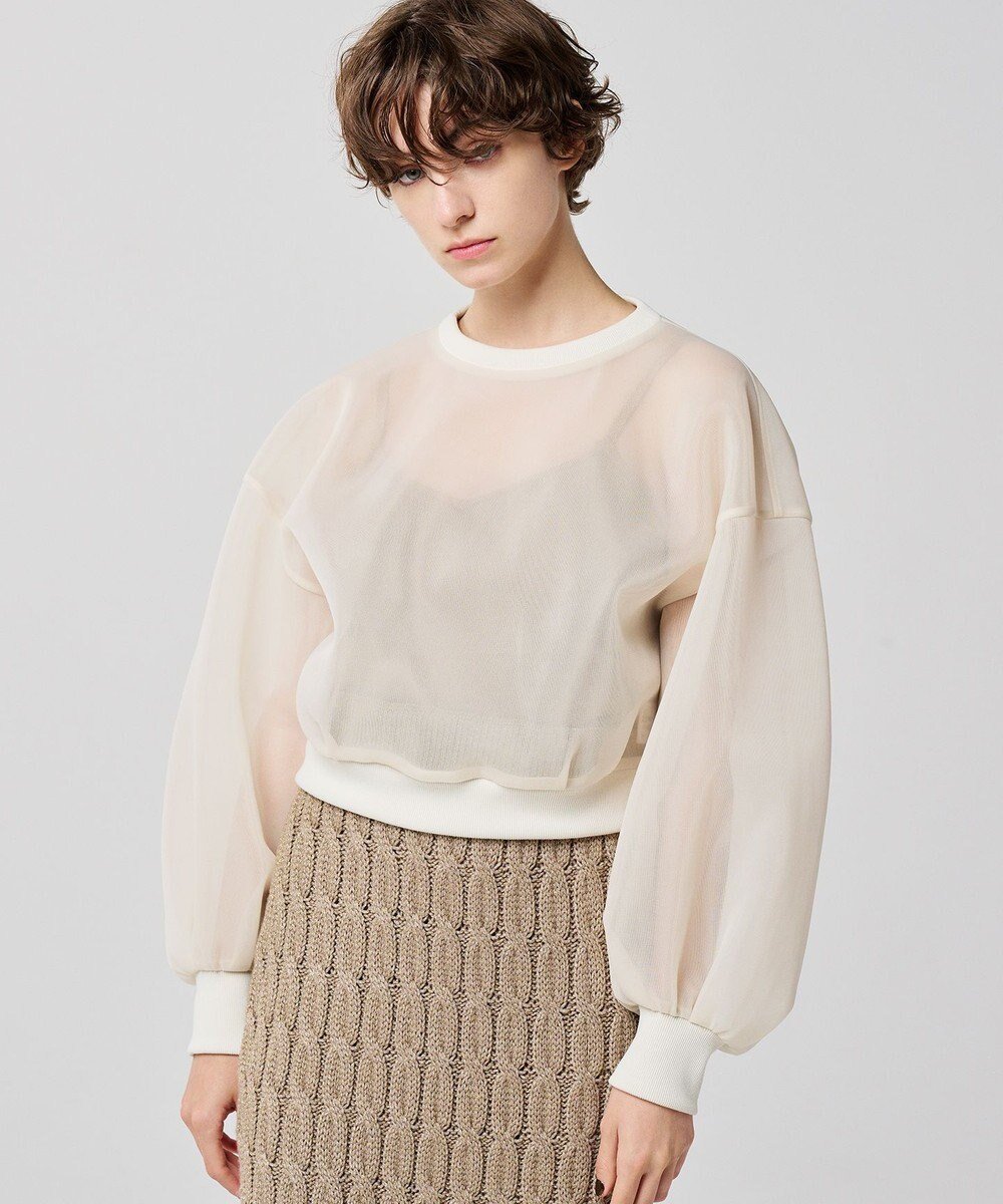 【アンクレイヴ/uncrave】のシアー ラッセル トップス(uncrave WHITE) インテリア・キッズ・メンズ・レディースファッション・服の通販 founy(ファニー) 　ファッション　Fashion　レディースファッション　Fashion for Women　トップス・カットソー　Cut & Sew Tops　シャツ・ブラウス・オフィスカジュアル　Elegant Blouses & Button-Ups　シアー　Sheer, See-Through　スウェット / スエット　Sweatshirt, Sweatwear　ストレッチ　Stretch, Stretchy Fabric　ダブル　Double, Double-Breasted　バランス　Balance, Style Balance　フォルム　Silhouette, Form　モダン　Modern, Contemporary　ラッセル　Raschel, Raschel Lace　A/W・秋冬　Autumn/Winter　エクリュ|ID: prp329100004870228 ipo3291000000036298981