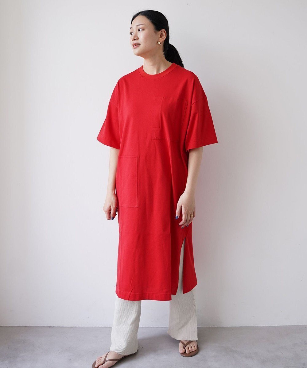 【ハーグ/HAAG】のスマイルコットン SHORT SLEEVE ONEPIECE ワンピース インテリア・キッズ・メンズ・レディースファッション・服の通販 founy(ファニー) 　ファッション　Fashion　レディースファッション　Fashion for Women　ワンピース　Dresses　春　Spring　吸水　Absorbent, Quick-Dry　スリット　Slit, Slit Detail　タンブラー　Tumbler, Travel Mug　ボックス　Boxy, Box Shape　ボトム　Bottoms, Lower Wear　ポケット　Pocket, Pocket Detail　ロング　Long, Long-Length　S/S・春夏　SS, Spring/Summer, Warm Season　夏　Summer　レッド|ID: prp329100004870312 ipo3291000000036299601