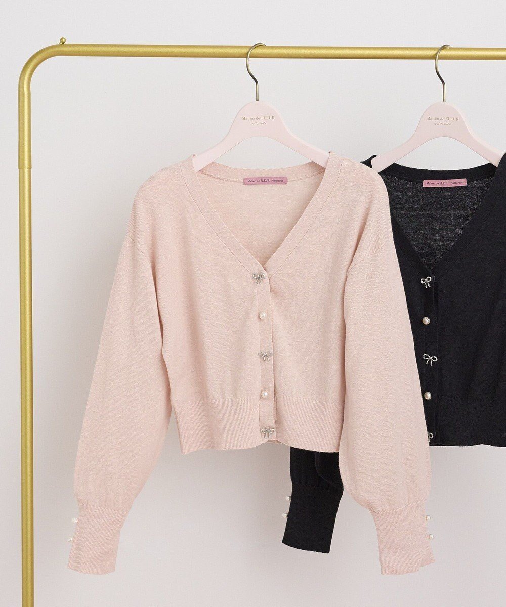【メゾンドフルール/Maison de FLEUR】のビジューリボンカーディガン インテリア・キッズ・メンズ・レディースファッション・服の通販 founy(ファニー) 　ファッション　Fashion　レディースファッション　Fashion for Women　トップス・カットソー　Cut & Sew Tops　カーディガン・羽織り　Layered Style Cardigans　インナー　Innerwear　カーディガン　Cardigan, Knitwear　パール　Pearl, Pearl Accent　エレガント 上品　Elegant　夏　Summer　春　Spring　S/S・春夏　SS, Spring/Summer, Warm Season　Pink|ID: prp329100004870378 ipo3291000000036299945