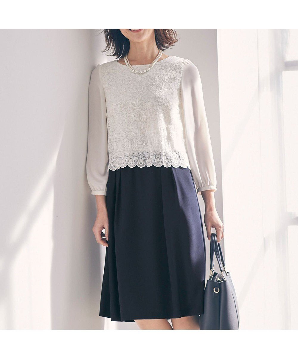 【エニィ スィス/any SiS】の【洗える】レースコンビバックサテン ワンピース インテリア・キッズ・メンズ・レディースファッション・服の通販 founy(ファニー) 　ファッション　Fashion　レディースファッション　Fashion for Women　ワンピース　Dresses　アクセサリー　Fashion Accessories　コンビ　Combo, Combination Style　シフォン　Chiffon, Lightweight Fabric　ジャケット　Jacket, Outerwear　ドッキング　Docking, Mixed Material　レース　Lace, Lace Fabric　エレガント 上品　Elegant　夏　Summer　春　Spring　S/S・春夏　SS, Spring/Summer, Warm Season　楽ちん　Easy Fit, Comfortable　洗える　Machine Washable　結婚式　Wedding　ネイビー|ID: prp329100004870587 ipo3291000000036303662