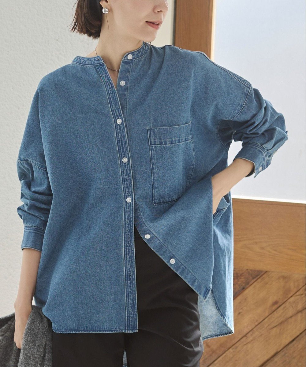 【ウィゴー/WEGO】の【ANGIE VINTAGE】オーバーサイズ バンドカラー デニムシャツ 人気、トレンドファッション・服の通販 founy(ファニー) 　ファッション　Fashion　レディースファッション　Fashion for Women　トップス・カットソー　Cut & Sew Tops　シャツ・ブラウス・オフィスカジュアル　Elegant Blouses & Button-Ups　インナー　Innerwear　春　Spring　洗える　Machine Washable　今季　This Season, Current Season　チュニック　Tunic, Long Top　デニム　Denim, Jeans Material　バランス　Balance, Style Balance　ベーシック　Basic, Essential　ポケット　Pocket, Pocket Detail　S/S・春夏　SS, Spring/Summer, Warm Season　おすすめ　Recommended / Our Picks　夏　Summer　 other-1|ID: prp329100004872051 ipo3291000000036327231