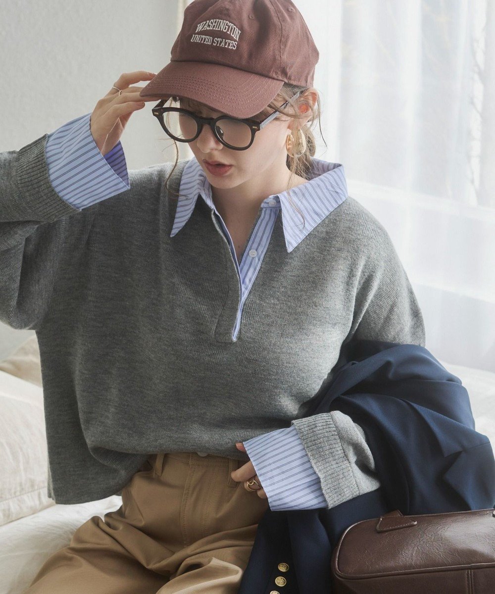 【ウィゴー/WEGO】の【ANGIE VINTAGE】シャツ襟 ドッキング フェイクレイヤード ニット トップス インテリア・キッズ・メンズ・レディースファッション・服の通販 founy(ファニー) ファッション Fashion レディースファッション Fashion for Women トップス・カットソー Cut & Sew Tops ニット Knit Tops & Sweaters シャツ・ブラウス・オフィスカジュアル Elegant Blouses & Button-Ups カフス Cuff Design クラシック Classic, Timeless Style セーター Sweater, Knitwear デニム Denim, Jeans Material トレンド Trend, Trending Now ドッキング Docking, Mixed Material バランス Balance, Style Balance フェミニン Feminine, Girly ベーシック Basic, Essential ボーダー Border, Stripe ポケット Pocket, Pocket Detail ポロシャツ Polo Shirt, Collared Tee ミックス Mix, Mixed Style A/W・秋冬 Autumn/Winter ライトグレー|ID: prp329100004872055 ipo3291000000036327284