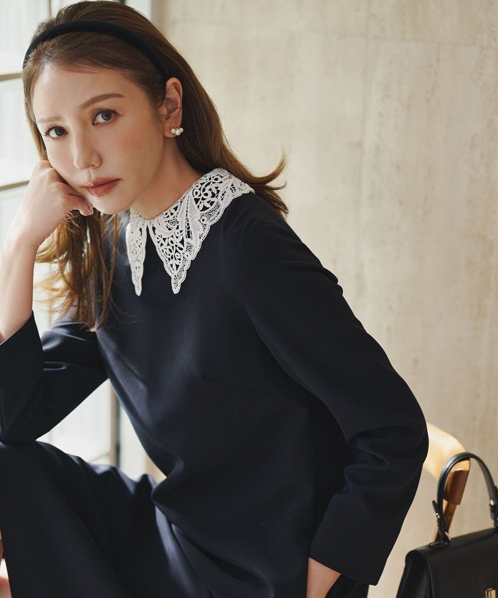 【組曲/KUMIKYOKU】の【KUMIKYOKU NAVY】コンフォータブルドレープ レース襟ワンピース 人気、トレンドファッション・服の通販 founy(ファニー) 　ファッション　Fashion　レディースファッション　Fashion for Women　ワンピース　Dresses　オケージョン　Occasion Wear　ケミカル　Chemical, Chemical Wash　コレクション　Collection, Seasonal Line　シェイプ　Shape, Slim Fit　ジャケット　Jacket, Outerwear　スタンド　Stand Collar, Upright Stand　ドレス　Dress, One-Piece　パターン　Pattern, Design Print　フォルム　Silhouette, Form　フォーマル　Formal, Dressy　ベスト　Vest, Waistcoat　レース　Lace, Lace Fabric　A/W・秋冬　Autumn/Winter　2022年　2022　S/S・春夏　SS, Spring/Summer, Warm Season　2022-2023秋冬・A/W　Autumn/Winter 2022–23 AW22–23　夏　Summer　エレガント 上品　Elegant　セレモニー　Ceremony　入学式　Entrance Ceremony　卒業式　Graduation Ceremony　結婚式　Wedding　 other-1|ID: prp329100004874374 ipo3291000000036357276