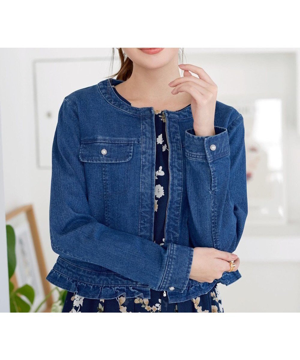 【ティアクラッセ/Tiaclasse】のノーカラーデニムジャケット インテリア・キッズ・メンズ・レディースファッション・服の通販 founy(ファニー) 　ファッション　Fashion　レディースファッション　Fashion for Women　アウター　Coat / Outerwear Collection　レディースジャケット・軽アウター　Jackets　デニムジャケット / カジュアルアウター　Denim Jackets　コンパクト　Compact, Small Size　ショート　Short, Short Length　シルバー　Silver, Metallic Silver　ジャケット　Jacket, Outerwear　デニム　Denim, Jeans Material　パール　Pearl, Pearl Accent　フリル　Frill, Ruffle　エレガント 上品　Elegant　夏　Summer　S/S・春夏　SS, Spring/Summer, Warm Season　A/W・秋冬　Autumn/Winter　ブルー|ID: prp329100004877137 ipo3291000000036380429