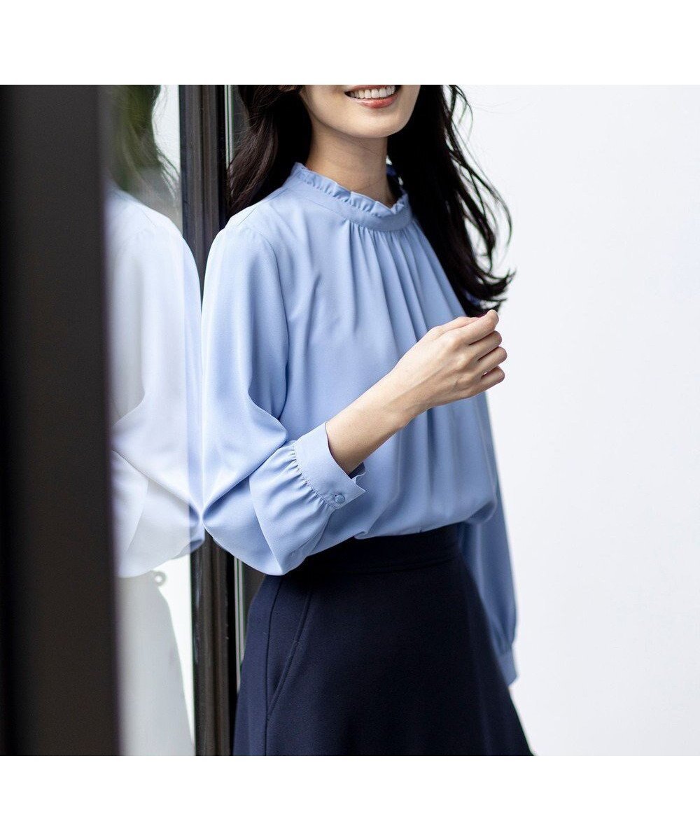 【エニィ スィス/any SiS】のフリルネックスタンド ブラウス インテリア・キッズ・メンズ・レディースファッション・服の通販 founy(ファニー) 　ファッション　Fashion　レディースファッション　Fashion for Women　トップス・カットソー　Cut & Sew Tops　シャツ・ブラウス・オフィスカジュアル　Elegant Blouses & Button-Ups　インナー　Innerwear　カーディガン　Cardigan, Knitwear　ジョーゼット　Georgette, Semi-Sheer Fabric　スリット　Slit, Slit Detail　トレンド　Trend, Trending Now　定番　Standard, Basic Item　人気　Popular, Best Seller　フリル　Frill, Ruffle　A/W・秋冬　Autumn/Winter　S/S・春夏　SS, Spring/Summer, Warm Season　おすすめ　Recommended / Our Picks　夏　Summer　エレガント 上品　Elegant　新作・新入荷　New Arrivals / New In　ビジネス 仕事 通勤　Business / Work / Commuting　ライトブルー|ID: prp329100004877143 ipo3291000000036380514