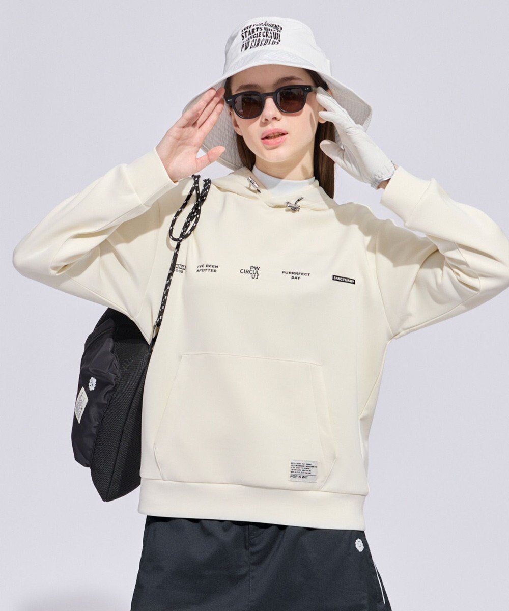 【ピーダブリュサーキュラス/PW CIRCULUS】の【WOMEN】リラクシングジャージーフーディ ゴルフウェア レディース インテリア・キッズ・メンズ・レディースファッション・服の通販 founy(ファニー) 　ファッション　Fashion　レディースファッション　Fashion for Women　トップス・カットソー　Cut & Sew Tops　レディースパーカー・カジュアルフーディー　Casual Hoodies & Sweatshirts　スウェット・クルーネックトップス　Sweatshirts & Crewnecks / Relaxed Fit Sweat Tops　春　Spring　グラフィック　Graphic, Graphic Design　コンパクト　Compact, Small Size　軽量　Lightweight, Ultra Light　シンプル　Simple, Minimal　スウェット / スエット　Sweatshirt, Sweatwear　ストレッチ　Stretch, Stretchy Fabric　とろみ　Fluid, Flowy Fabric　人気　Popular, Best Seller　フロント　Front, Front Design　プリント　Print, Printed Pattern　ラバー　Rubber, Rubber Sole　S/S・春夏　SS, Spring/Summer, Warm Season　夏　Summer　エレガント 上品　Elegant　ゴルフ　Golf　ホワイト系|ID: prp329100004877398 ipo3291000000036383656