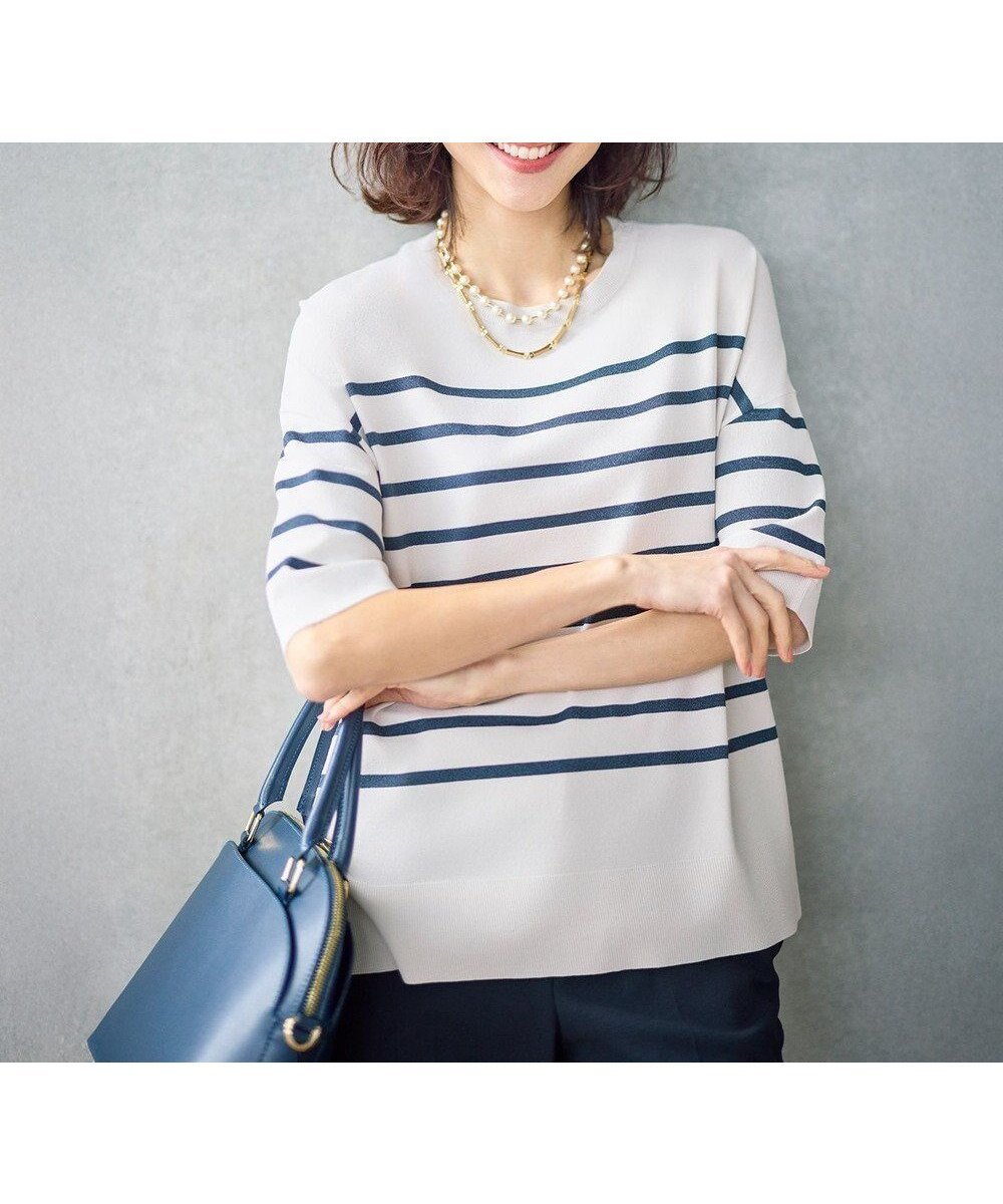 【自由区/JIYU-KU】の【カタログ掲載・素材アップデート・新色追加・新柄追加・前後差あり】クレープストレッチプルオーバー ニットⅡ インテリア・キッズ・メンズ・レディースファッション・服の通販 founy(ファニー) 　ファッション　Fashion　レディースファッション　Fashion for Women　トップス・カットソー　Cut & Sew Tops　ニット　Knit Tops & Sweaters　カジュアルプルオーバー・ニットトップス　Pullovers & Knit Tops / Casual Pullovers　インナー　Innerwear　エレガント 上品　Elegant　春　Spring　ジャケット　Jacket, Outerwear　ストレッチ　Stretch, Stretchy Fabric　セーター　Sweater, Knitwear　ドレープ　Drape, Draping Fabric　定番　Standard, Basic Item　人気　Popular, Best Seller　ボーダー　Border, Stripe　S/S・春夏　SS, Spring/Summer, Warm Season　夏　Summer　[新色]ベージュ×ネイビーボーダー|ID: prp329100004879217 ipo3291000000036408005