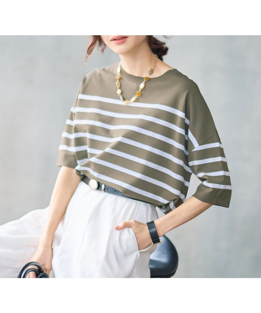 【自由区/JIYU-KU】の【カタログ掲載・素材アップデート・新色追加・新柄追加・前後差あり】クレープストレッチプルオーバー ニットⅡ インテリア・キッズ・メンズ・レディースファッション・服の通販 founy(ファニー) 　ファッション　Fashion　レディースファッション　Fashion for Women　トップス・カットソー　Cut & Sew Tops　ニット　Knit Tops & Sweaters　カジュアルプルオーバー・ニットトップス　Pullovers & Knit Tops / Casual Pullovers　インナー　Innerwear　エレガント 上品　Elegant　春　Spring　ジャケット　Jacket, Outerwear　ストレッチ　Stretch, Stretchy Fabric　セーター　Sweater, Knitwear　ドレープ　Drape, Draping Fabric　定番　Standard, Basic Item　人気　Popular, Best Seller　ボーダー　Border, Stripe　S/S・春夏　SS, Spring/Summer, Warm Season　夏　Summer　[新色]カーキ×オフボーダー|ID: prp329100004879217 ipo3291000000036408007