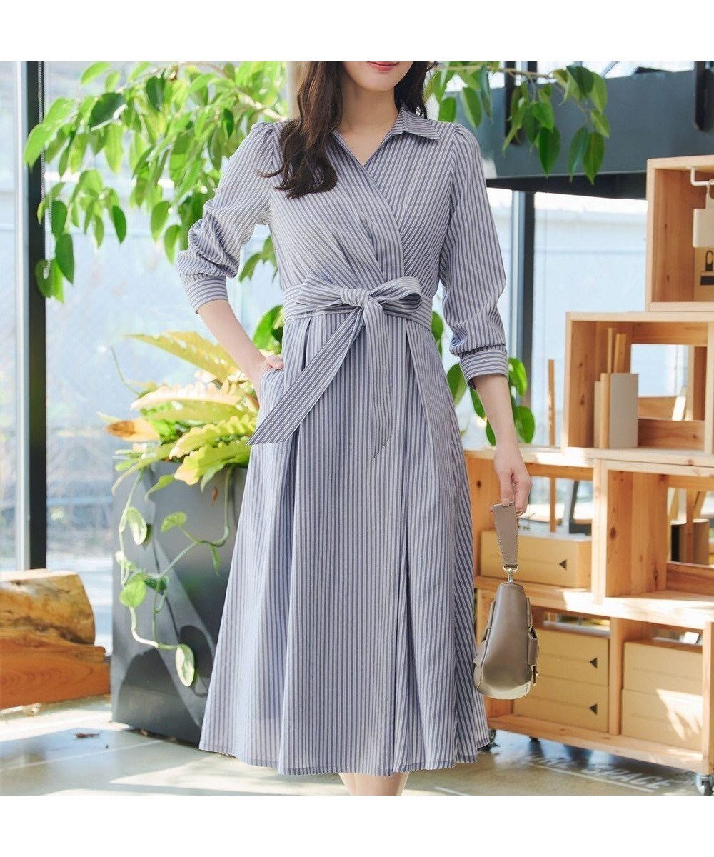 【ティアクラッセ/Tiaclasse】のカシュクールシャツワンピース インテリア・キッズ・メンズ・レディースファッション・服の通販 founy(ファニー) 　ファッション　Fashion　レディースファッション　Fashion for Women　ワンピース　Dresses　シャツワンピース / 1枚で着映えコーデ　Shirt Dresses　スキッパー　Skipper, Open Collar　ストライプ　Stripe, Striped Pattern　フロント　Front, Front Design　ポケット　Pocket, Pocket Detail　リボン　Ribbon, Bow　エレガント 上品　Elegant　ビジネス 仕事 通勤　Business / Work / Commuting　夏　Summer　春　Spring　S/S・春夏　SS, Spring/Summer, Warm Season　楽ちん　Easy Fit, Comfortable　無地　Plain, Solid Color　ネイビーストライプ|ID: prp329100004879221 ipo3291000000036408043
