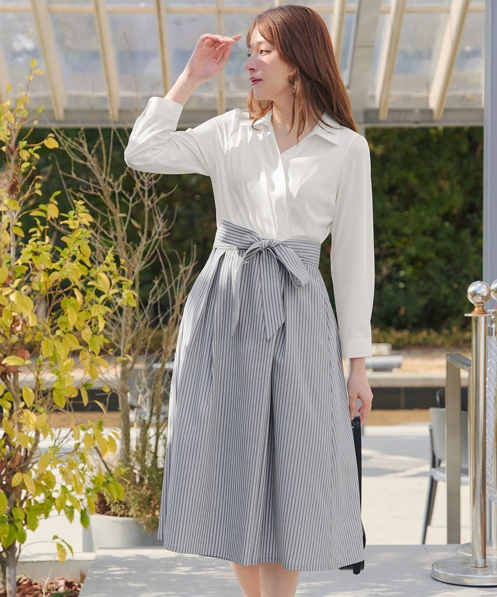 【ティアクラッセ/Tiaclasse】のカシュクールシャツワンピース インテリア・キッズ・メンズ・レディースファッション・服の通販 founy(ファニー) 　ファッション　Fashion　レディースファッション　Fashion for Women　ワンピース　Dresses　シャツワンピース / 1枚で着映えコーデ　Shirt Dresses　スキッパー　Skipper, Open Collar　ストライプ　Stripe, Striped Pattern　フロント　Front, Front Design　ポケット　Pocket, Pocket Detail　リボン　Ribbon, Bow　エレガント 上品　Elegant　ビジネス 仕事 通勤　Business / Work / Commuting　夏　Summer　春　Spring　S/S・春夏　SS, Spring/Summer, Warm Season　楽ちん　Easy Fit, Comfortable　無地　Plain, Solid Color　オフホワイトグレーストライプ|ID: prp329100004879221 ipo3291000000036408045