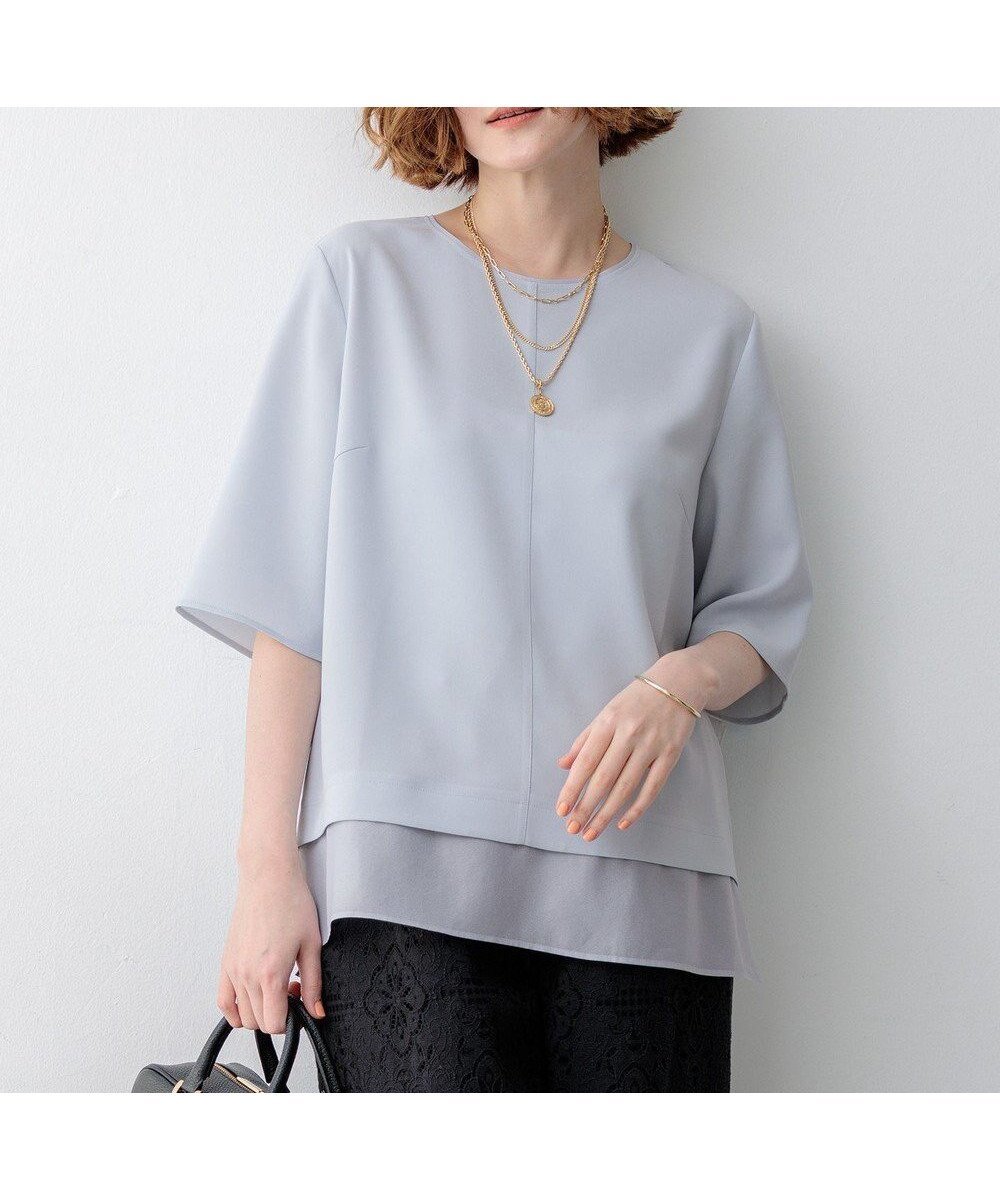 【23区/NIJYUSANKU】の【新色追加】ストレッチジョーゼット シアーコンビ カットソー インテリア・キッズ・メンズ・レディースファッション・服の通販 founy(ファニー) 　ファッション　Fashion　レディースファッション　Fashion for Women　トップス・カットソー　Cut & Sew Tops　シャツ・ブラウス・オフィスカジュアル　Elegant Blouses & Button-Ups　ロングTシャツ・Tシャツ　Longline T-Shirts & Tees　カットソー・ベーシックTシャツ　Cut-and-Sewn Tops / Stretch Tees & Basics　インナー　Innerwear　エレガント 上品　Elegant　春　Spring　カットソー　Cut and Sewn Top　シアー　Sheer, See-Through　シンプル　Simple, Minimal　ジャケット　Jacket, Outerwear　ジョーゼット　Georgette, Semi-Sheer Fabric　ストレッチ　Stretch, Stretchy Fabric　セットアップ　Set-Up, Coordinated Outfit　センター　Center, Center Line　リラックス　Relax, Relaxed Fit　ワイド　Wide, Wide Fit　S/S・春夏　SS, Spring/Summer, Warm Season　おすすめ　Recommended / Our Picks　夏　Summer　ビジネス 仕事 通勤　Business / Work / Commuting　ライトブルー系|ID: prp329100004881445 ipo3291000000036434967