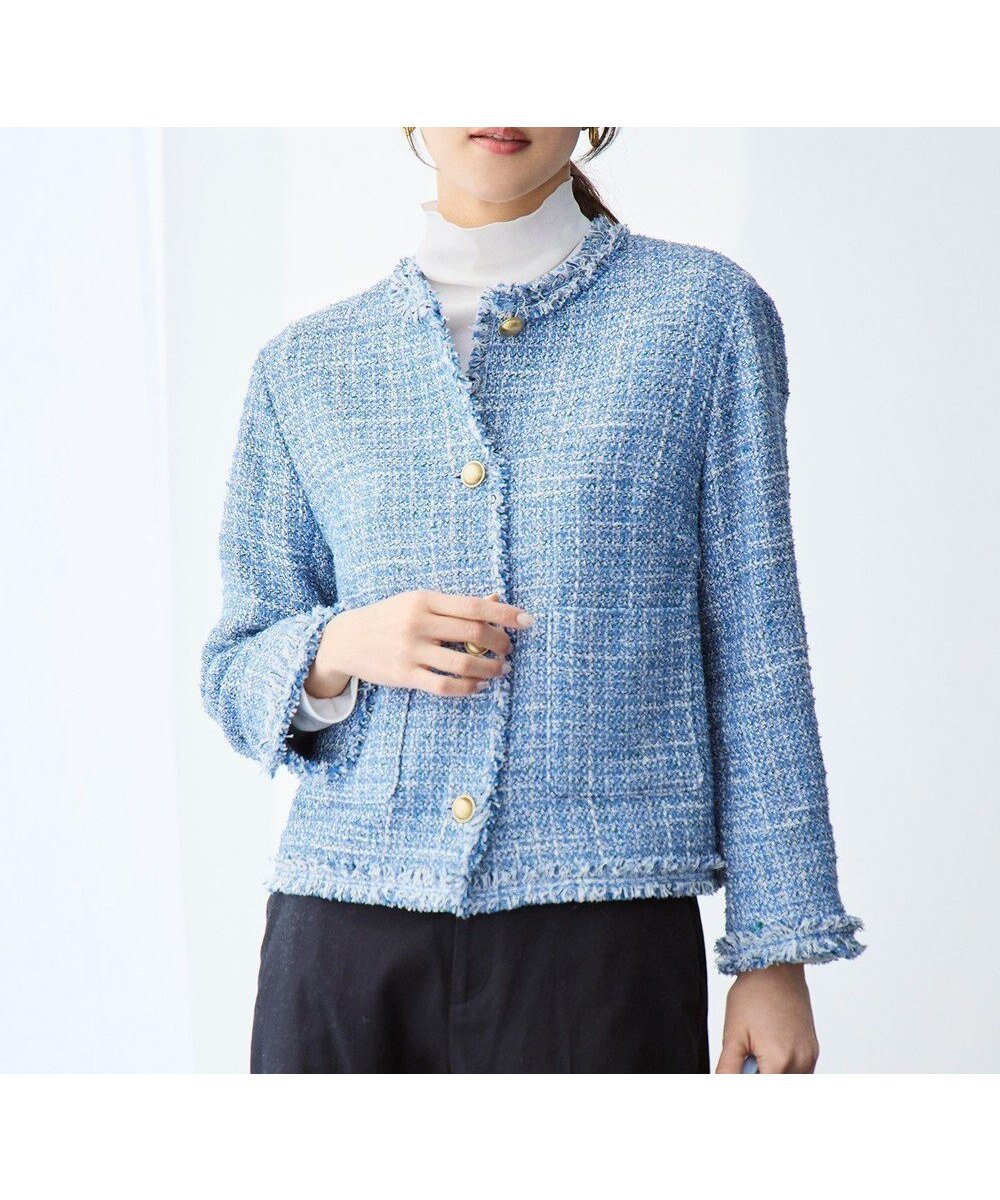 【自由区/JIYU-KU】の【オンオフ使える・セレモニー】ファンシーノットツイードノーカラー ジャケット インテリア・キッズ・メンズ・レディースファッション・服の通販 founy(ファニー) 　ファッション　Fashion　レディースファッション　Fashion for Women　アウター　Coat / Outerwear Collection　レディースジャケット・軽アウター　Jackets　ノーカラージャケット / シンプル上品コーデ　Collarless Jackets　エレガント 上品　Elegant　春　Spring　カーディガン　Cardigan, Knitwear　グログラン　Grosgrain, Grosgrain Ribbon　ジャケット　Jacket, Outerwear　ツイード　Twill, Twill Weave　フリンジ　Fringe, Tassel　メッシュ　Mesh, Net Fabric　ラグジュアリー　Luxury, Elegant　リボン　Ribbon, Bow　リラックス　Relax, Relaxed Fit　S/S・春夏　SS, Spring/Summer, Warm Season　夏　Summer　セレモニー　Ceremony　ブルー|ID: prp329100004884957 ipo3291000000036465289