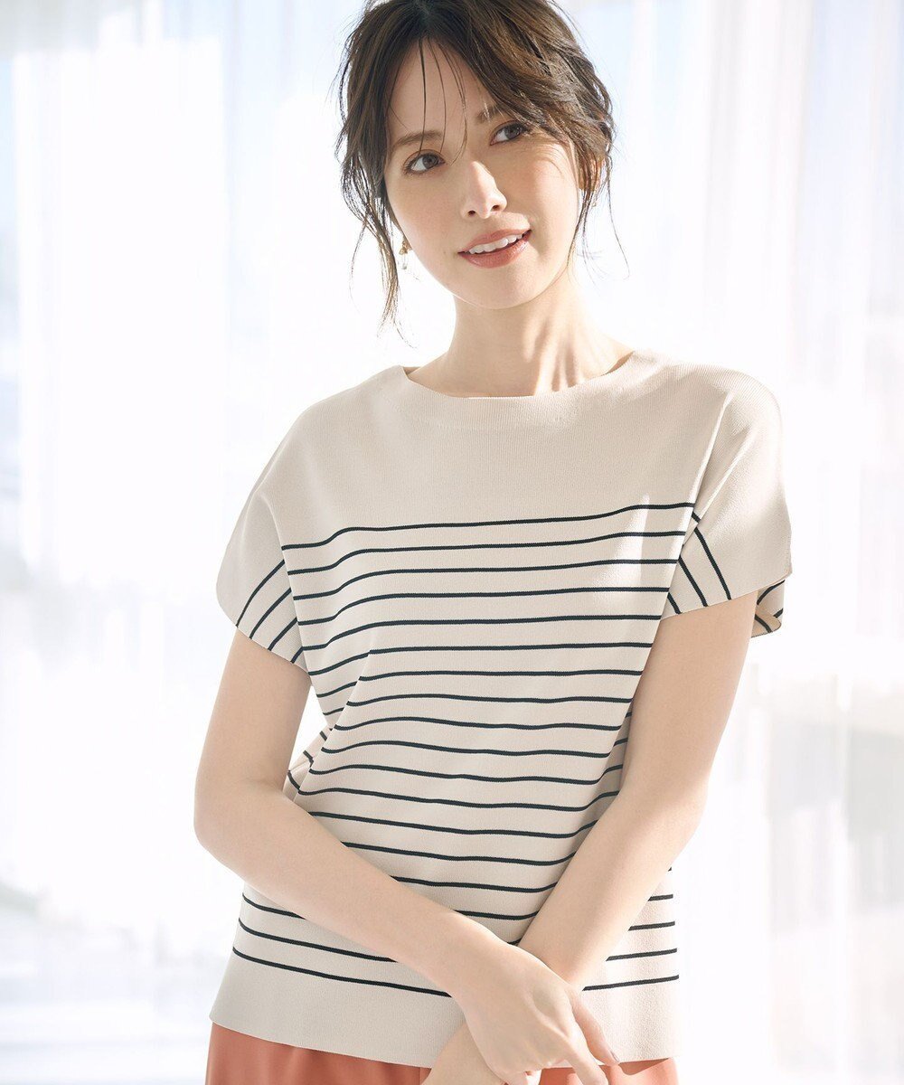 【エニィ スィス/any SiS】の【接触冷感・UVカット・洗える】ビューティクール フレンチ ニットT インテリア・キッズ・メンズ・レディースファッション・服の通販 founy(ファニー) 　ファッション　Fashion　レディースファッション　Fashion for Women　トップス・カットソー　Cut & Sew Tops　ニット　Knit Tops & Sweaters　春　Spring　洗える　Machine Washable　カラフル　Colorful Design　カーディガン　Cardigan, Knitwear　ストレッチ　Stretch, Stretchy Fabric　スリット　Slit, Slit Detail　スリーブ　Sleeve, Long Sleeve / Short Sleeve　セーター　Sweater, Knitwear　フレンチ　French, French Style　ボーダー　Border, Stripe　S/S・春夏　SS, Spring/Summer, Warm Season　おすすめ　Recommended / Our Picks　夏　Summer　新作・新入荷　New Arrivals / New In　ライトベージュ×ブラック|ID: prp329100004887751 ipo3291000000036497790