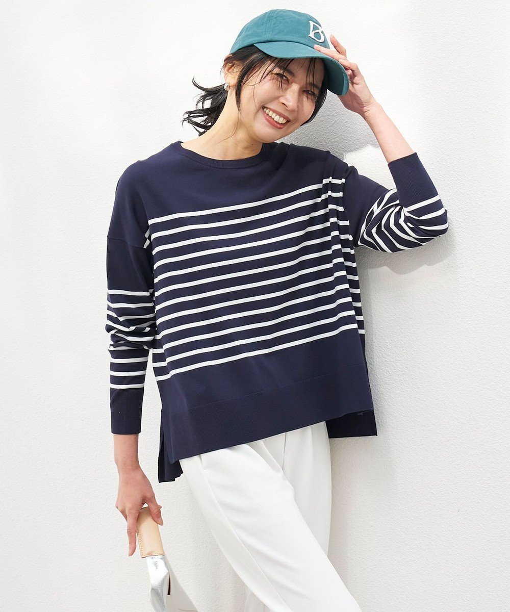 【アンフィーロ 自由区/UNFILO】のマイビューティ クルーネック ニット インテリア・キッズ・メンズ・レディースファッション・服の通販 founy(ファニー) 　ファッション　Fashion　レディースファッション　Fashion for Women　トップス・カットソー　Cut & Sew Tops　ニット　Knit Tops & Sweaters　ウォッシャブル　Machine Washable　春　Spring　抗菌　Antibacterial, Bacteria-Resistant　スリット　Slit, Slit Detail　セーター　Sweater, Knitwear　ツイスト　Tweed, Tweed Fabric　ヘムライン　Hemline, Bottom Cut　ボトム　Bottoms, Lower Wear　ワイド　Wide, Wide Fit　S/S・春夏　SS, Spring/Summer, Warm Season　夏　Summer　2025年　2025　2025春夏・S/S　Spring/Summer 2025 SS25　ネイビー×オフ|ID: prp329100004888915 ipo3291000000036515662