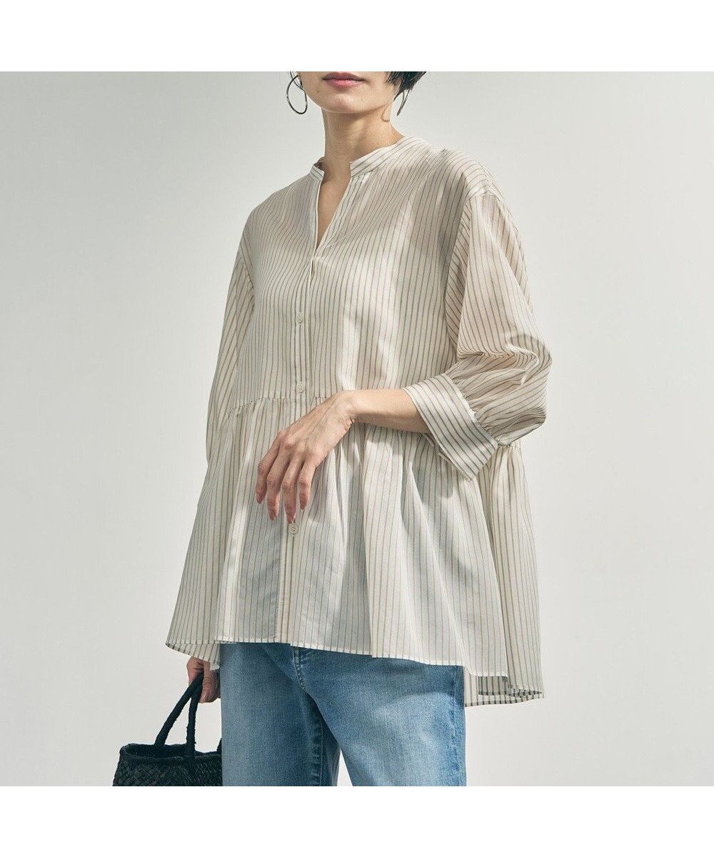 【アンフィーロ 自由区/UNFILO】のペプラム ギャザーブラウス インテリア・キッズ・メンズ・レディースファッション・服の通販 founy(ファニー) ファッション Fashion レディースファッション Fashion for Women トップス・カットソー Cut & Sew Tops シャツ・ブラウス・オフィスカジュアル Elegant Blouses & Button-Ups ウォッシャブル Machine Washable 春 Spring ギャザー Gathered, Ruffled シアー Sheer, See-Through ストライプ Stripe, Striped Pattern ペプラム Peplum, Flared Hem 無地 Plain, Solid Color S/S・春夏 SS, Spring/Summer, Warm Season 再入荷 Restock / Back in Stock 夏 Summer エレガント 上品 Elegant 新作・新入荷 New Arrivals / New In ベージュストライプ|ID: prp329100004888921 ipo3291000000036515779