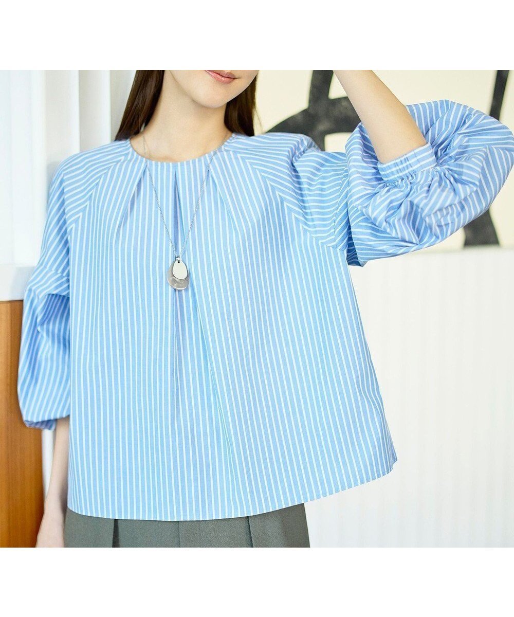 【自由区/JIYU-KU】の【SHIHOさん着用】ボリュームスリーブ ブラウス インテリア・キッズ・メンズ・レディースファッション・服の通販 founy(ファニー) 　ファッション　Fashion　レディースファッション　Fashion for Women　トップス・カットソー　Cut & Sew Tops　シャツ・ブラウス・オフィスカジュアル　Elegant Blouses & Button-Ups　ボリューム袖・フリルスリーブブラウス　Voluminous & Ruffle Sleeves / Puffy Sleeve Tops　ストライプ　Stripe, Striped Pattern　スリーブ　Sleeve, Long Sleeve / Short Sleeve　リラックス　Relax, Relaxed Fit　夏　Summer　春　Spring　S/S・春夏　SS, Spring/Summer, Warm Season　無地　Plain, Solid Color　サックスストライプ|ID: prp329100004889565 ipo3291000000036534790