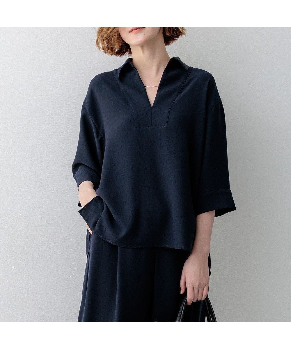 【23区/NIJYUSANKU】のストレッチジョーゼット スキッパー ブラウス インテリア・キッズ・メンズ・レディースファッション・服の通販 founy(ファニー) 　ファッション　Fashion　レディースファッション　Fashion for Women　トップス・カットソー　Cut & Sew Tops　シャツ・ブラウス・オフィスカジュアル　Elegant Blouses & Button-Ups　春　Spring　シンプル　Simple, Minimal　ジョーゼット　Georgette, Semi-Sheer Fabric　スキッパー　Skipper, Open Collar　ストレッチ　Stretch, Stretchy Fabric　スリット　Slit, Slit Detail　ダウン　Down, Puffer　デニム　Denim, Jeans Material　トレンド　Trend, Trending Now　フロント　Front, Front Design　ワイド　Wide, Wide Fit　S/S・春夏　SS, Spring/Summer, Warm Season　おすすめ　Recommended / Our Picks　夏　Summer　エレガント 上品　Elegant　ビジネス 仕事 通勤　Business / Work / Commuting　2026年　2026　ネイビー系|ID: prp329100004891304 ipo3291000000036561046