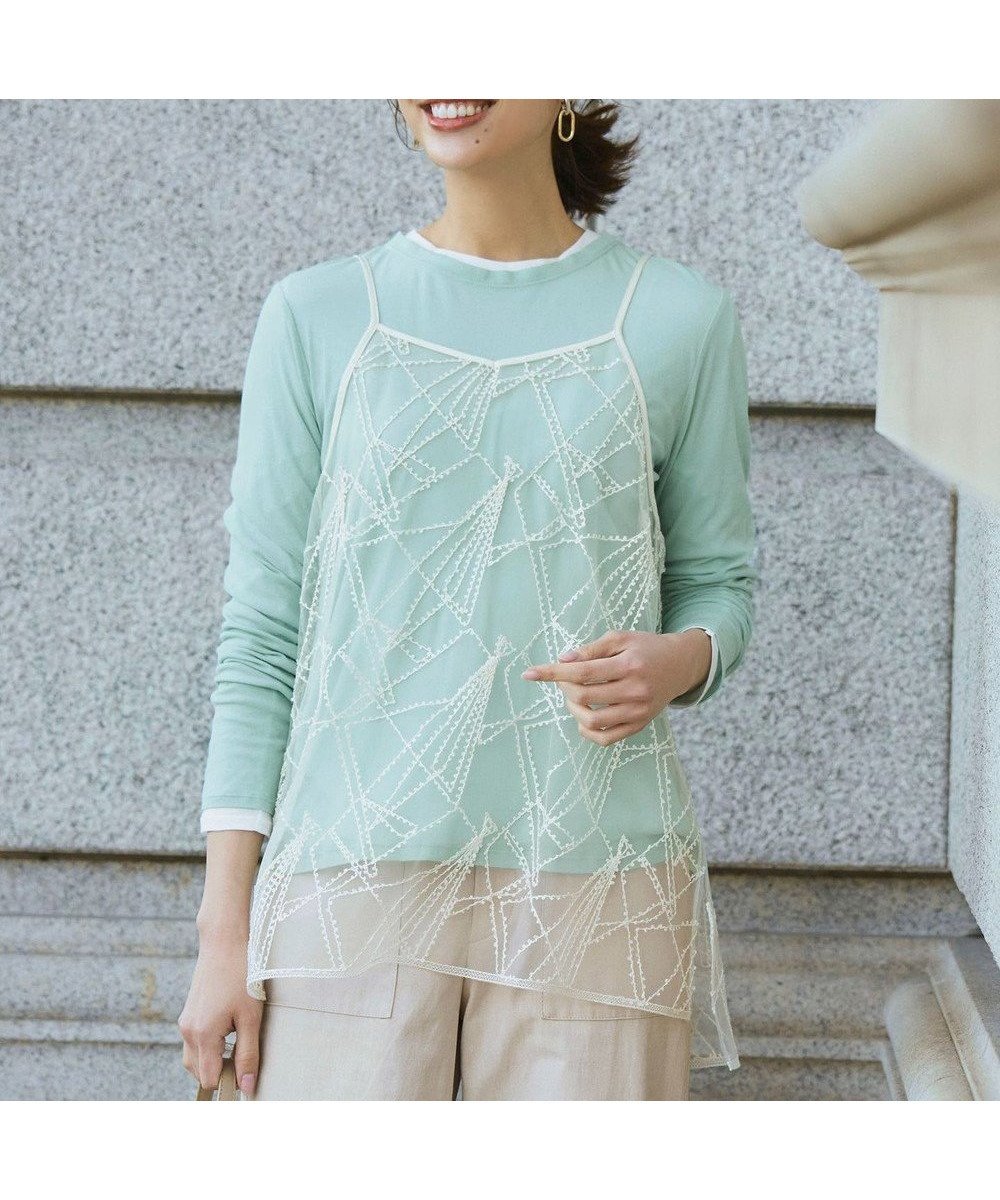 【23区/NIJYUSANKU】の【見上愛さん着用】シアーフライス レイヤード ロンTEE インテリア・キッズ・メンズ・レディースファッション・服の通販 founy(ファニー) 　ファッション　Fashion　レディースファッション　Fashion for Women　トップス・カットソー　Cut & Sew Tops　シャツ・ブラウス・オフィスカジュアル　Elegant Blouses & Button-Ups　ロングTシャツ・Tシャツ　Longline T-Shirts & Tees　カットソー・ベーシックTシャツ　Cut-and-Sewn Tops / Stretch Tees & Basics　イエロー　Yellow　インナー　Innerwear　春　Spring　カットソー　Cut and Sewn Top　カーディガン　Cardigan, Knitwear　コンパクト　Compact, Small Size　シアー　Sheer, See-Through　シンプル　Simple, Minimal　ジャケット　Jacket, Outerwear　トレンド　Trend, Trending Now　長袖　Long Sleeve, Full Sleeve　ベーシック　Basic, Essential　S/S・春夏　SS, Spring/Summer, Warm Season　夏　Summer　エレガント 上品　Elegant　2026年　2026　スモーキーグリーン系|ID: prp329100004892004 ipo3291000000036567101