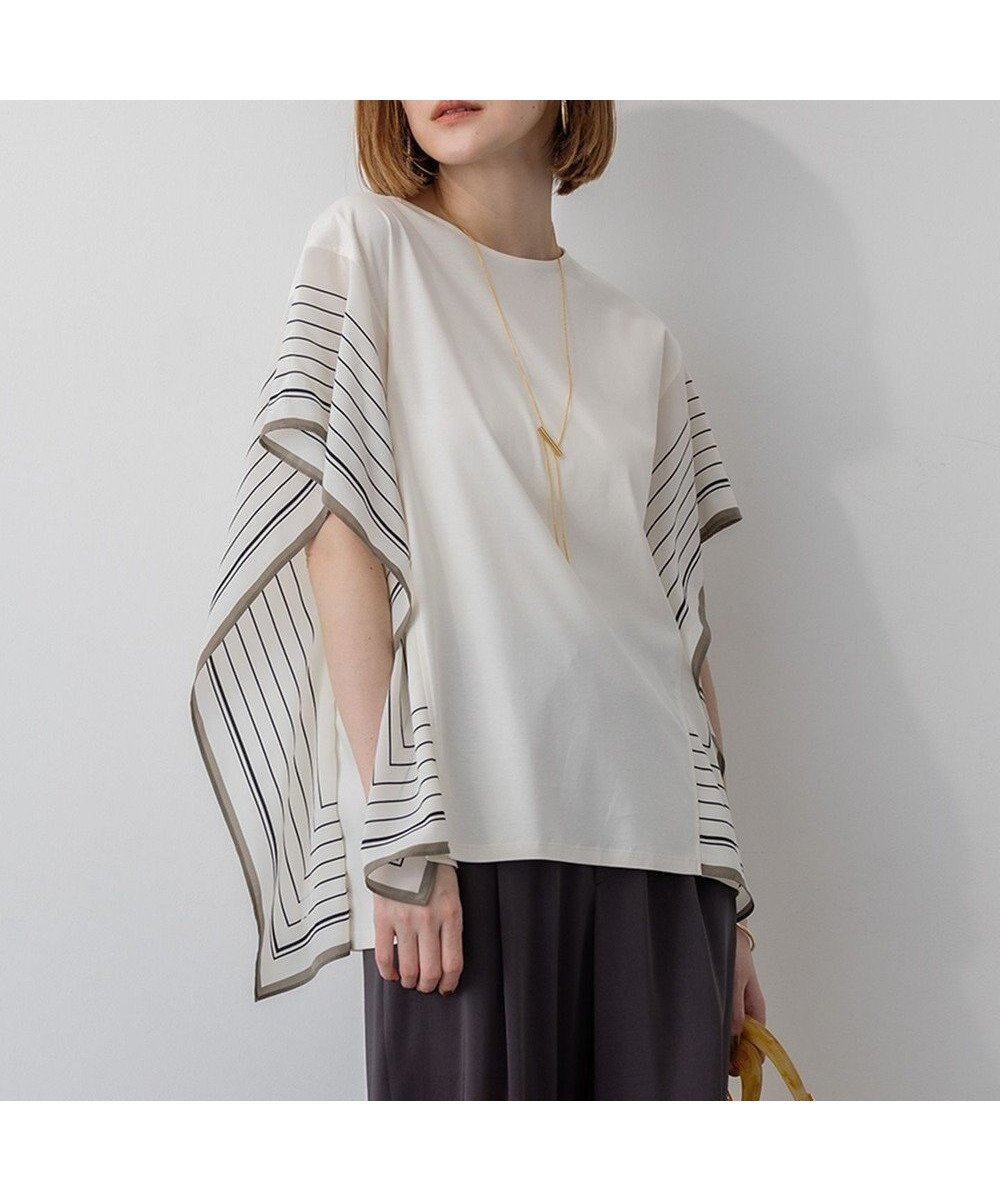 【23区/NIJYUSANKU】の【汗じみ防止加工】スカーフプリントコンビ フレンチスリーブ カットソー インテリア・キッズ・メンズ・レディースファッション・服の通販 founy(ファニー) 　ファッション　Fashion　レディースファッション　Fashion for Women　トップス・カットソー　Cut & Sew Tops　シャツ・ブラウス・オフィスカジュアル　Elegant Blouses & Button-Ups　ロングTシャツ・Tシャツ　Longline T-Shirts & Tees　カットソー・ベーシックTシャツ　Cut-and-Sewn Tops / Stretch Tees & Basics　秋　Autumn　カットソー　Cut and Sewn Top　コンビ　Combo, Combination Style　シンプル　Simple, Minimal　スカーフ　Scarf, Neckwear　スリーブ　Sleeve, Long Sleeve / Short Sleeve　チュニック　Tunic, Long Top　フレンチ　French, French Style　プリント　Print, Printed Pattern　ボトム　Bottoms, Lower Wear　A/W・秋冬　Autumn/Winter　エレガント 上品　Elegant　2025年　2025　2025-2026秋冬・A/W　Autumn/Winter 2025–26 AW25–26　アイボリー×ライトカーキ|ID: prp329100004898192 ipo3291000000036642569