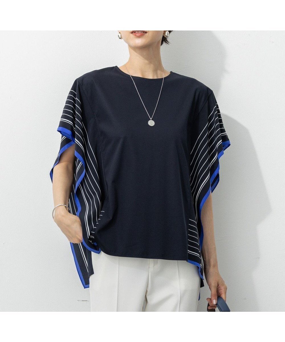 【23区/NIJYUSANKU】の【汗じみ防止加工】スカーフプリントコンビ フレンチスリーブ カットソー インテリア・キッズ・メンズ・レディースファッション・服の通販 founy(ファニー) 　ファッション　Fashion　レディースファッション　Fashion for Women　トップス・カットソー　Cut & Sew Tops　シャツ・ブラウス・オフィスカジュアル　Elegant Blouses & Button-Ups　ロングTシャツ・Tシャツ　Longline T-Shirts & Tees　カットソー・ベーシックTシャツ　Cut-and-Sewn Tops / Stretch Tees & Basics　秋　Autumn　カットソー　Cut and Sewn Top　コンビ　Combo, Combination Style　シンプル　Simple, Minimal　スカーフ　Scarf, Neckwear　スリーブ　Sleeve, Long Sleeve / Short Sleeve　チュニック　Tunic, Long Top　フレンチ　French, French Style　プリント　Print, Printed Pattern　ボトム　Bottoms, Lower Wear　A/W・秋冬　Autumn/Winter　エレガント 上品　Elegant　2025年　2025　2025-2026秋冬・A/W　Autumn/Winter 2025–26 AW25–26　ネイビー×ミッドナイトブルー|ID: prp329100004898192 ipo3291000000036642572