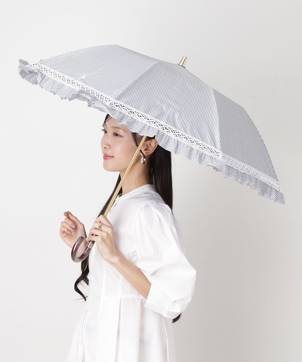 【ムーンバット/MOONBAT】の【遮光/晴雨兼用日傘】POLO RALPH LAUREN(ポロ ラルフローレン) ストライプフリル 折りたたみ傘 楽折 遮熱 UV インテリア・キッズ・メンズ・レディースファッション・服の通販 founy(ファニー) 　ファッション　Fashion　レディースファッション　Fashion for Women　レイングッズ・傘・晴雨兼用傘　Umbrellas & Rain Gear　アイビー　Ivy Pattern　ウッド　Wooden Design　傘　Umbrella, Parasol　ストライプ　Stripe, Striped Pattern　ニューヨーク　New York, NYC Style　フリル　Frill, Ruffle　日傘　Parasol, UV Umbrella　メタル　Metal, Metal Parts　おすすめ　Recommended / Our Picks　ディープブルー|ID: prp329100004898193 ipo3291000000036642595