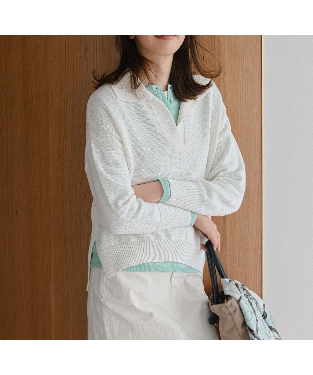 【23区/NIJYUSANKU】のコットンギマ スキッパー ニット インテリア・キッズ・メンズ・レディースファッション・服の通販 founy(ファニー) 　ファッション　Fashion　レディースファッション　Fashion for Women　トップス・カットソー　Cut & Sew Tops　ニット　Knit Tops & Sweaters　春　Spring　シンプル　Simple, Minimal　スキッパー　Skipper, Open Collar　スリット　Slit, Slit Detail　セーター　Sweater, Knitwear　定番　Standard, Basic Item　バランス　Balance, Style Balance　ベスト　Vest, Waistcoat　S/S・春夏　SS, Spring/Summer, Warm Season　夏　Summer　エレガント 上品　Elegant　2026年　2026　ホワイト系|ID: prp329100004898206 ipo3291000000036642750