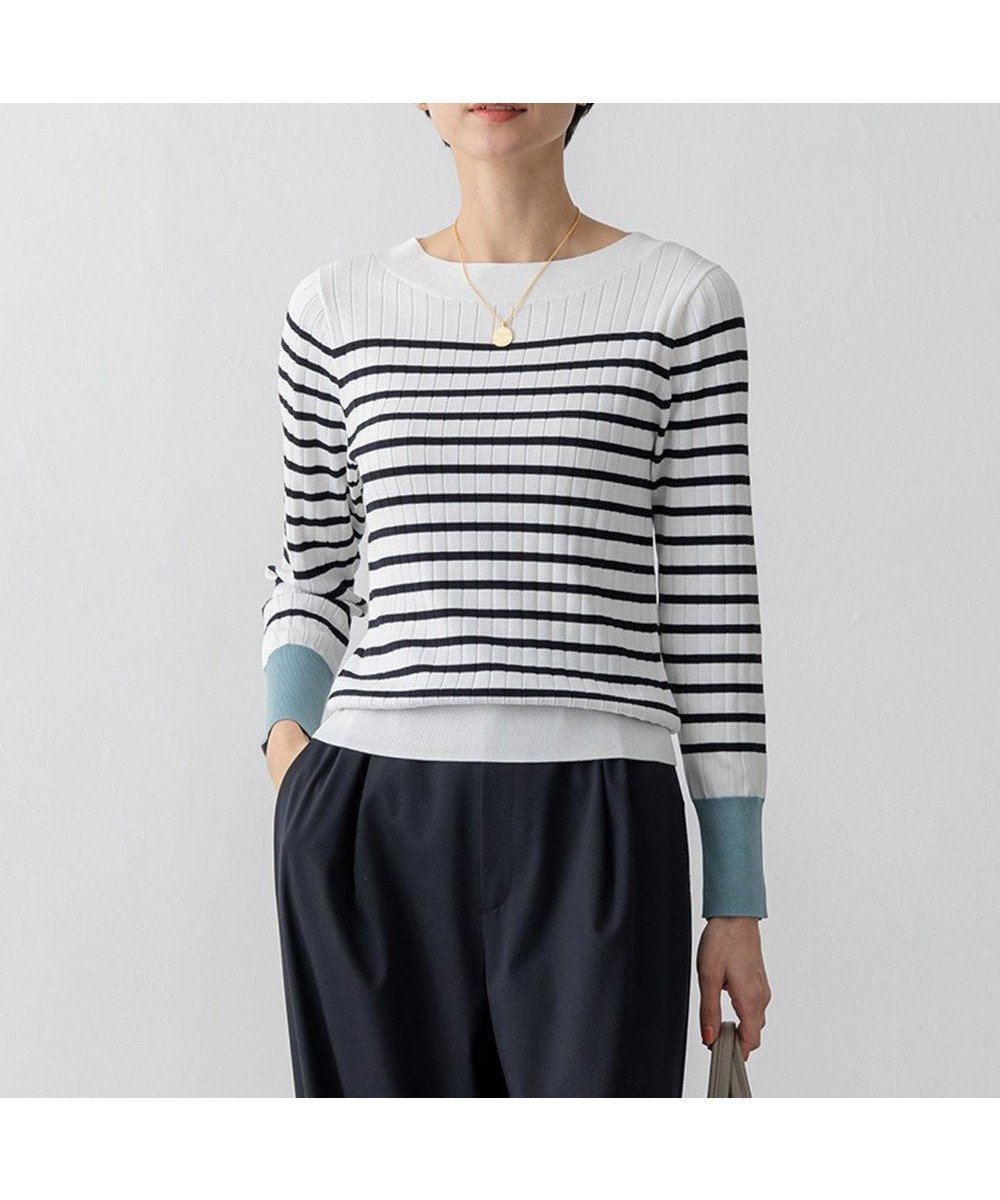 【23区/NIJYUSANKU】の【洗える】シルキーレーヨンワイドリブ ニット インテリア・キッズ・メンズ・レディースファッション・服の通販 founy(ファニー) 　ファッション　Fashion　レディースファッション　Fashion for Women　トップス・カットソー　Cut & Sew Tops　ニット　Knit Tops & Sweaters　インナー　Innerwear　春　Spring　洗える　Machine Washable　シルク　Silk, 100% Silk　ストレッチ　Stretch, Stretchy Fabric　セーター　Sweater, Knitwear　ボーダー　Border, Stripe　無地　Plain, Solid Color　ワイドリブ　Wide Rib, Wide Ribbed Knit　S/S・春夏　SS, Spring/Summer, Warm Season　夏　Summer　2025年　2025　2025春夏・S/S　Spring/Summer 2025 SS25　オフ×ネイビー|ID: prp329100004902890 ipo3291000000036693938