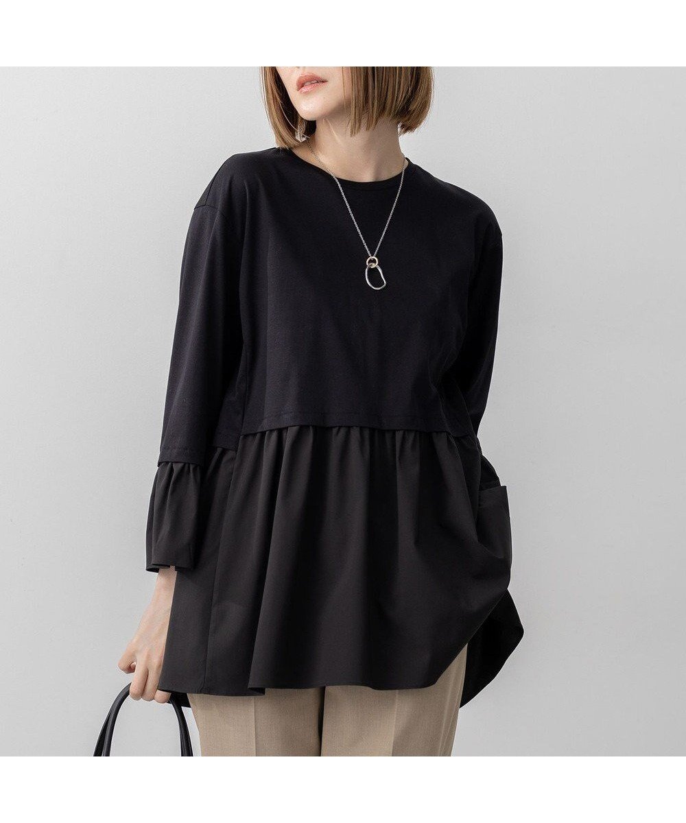 【23区/NIJYUSANKU】の【洗える】シルキータフタコンビ ペプラム カットソー インテリア・キッズ・メンズ・レディースファッション・服の通販 founy(ファニー) 　ファッション　Fashion　レディースファッション　Fashion for Women　トップス・カットソー　Cut & Sew Tops　シャツ・ブラウス・オフィスカジュアル　Elegant Blouses & Button-Ups　ロングTシャツ・Tシャツ　Longline T-Shirts & Tees　カットソー・ベーシックTシャツ　Cut-and-Sewn Tops / Stretch Tees & Basics　洗える　Machine Washable　カットソー　Cut and Sewn Top　コンビ　Combo, Combination Style　シンプル　Simple, Minimal　タフタ　Taffeta, Structured Fabric　チュニック　Tunic, Long Top　バランス　Balance, Style Balance　ペプラム　Peplum, Flared Hem　A/W・秋冬　Autumn/Winter　冬　Winter / This Winter　エレガント 上品　Elegant　2025年　2025　2025-2026秋冬・A/W　Autumn/Winter 2025–26 AW25–26　ブラック系|ID: prp329100004906565 ipo3291000000036737278