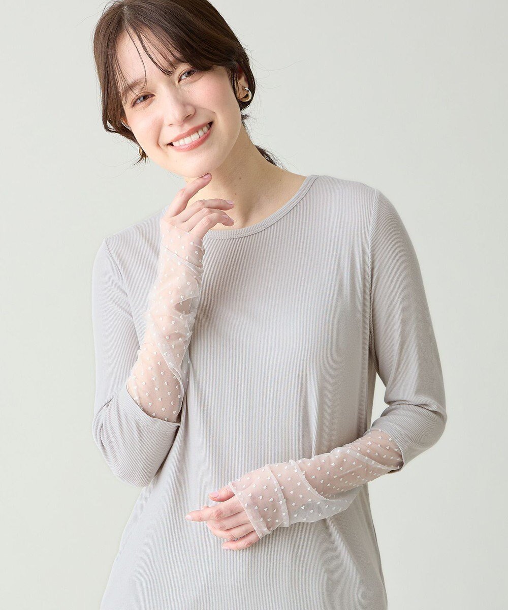 【エニー/ANY】の袖ドットチュールコンビインナー インテリア・キッズ・メンズ・レディースファッション・服の通販 founy(ファニー) 　ファッション　Fashion　レディースファッション　Fashion for Women　トップス・カットソー　Cut & Sew Tops　シャツ・ブラウス・オフィスカジュアル　Elegant Blouses & Button-Ups　ロングTシャツ・Tシャツ　Longline T-Shirts & Tees　カットソー・ベーシックTシャツ　Cut-and-Sewn Tops / Stretch Tees & Basics　カットソー　Cut and Sewn Top　カーディガン　Cardigan, Knitwear　シアー　Sheer, See-Through　シャーリング　Shirring, Ruched　ストレッチ　Stretch, Stretchy Fabric　チュール　Tulip, Tulip Motif　夏　Summer　春　Spring　S/S・春夏　SS, Spring/Summer, Warm Season　ライトグレー|ID: prp329100004906594 ipo3291000000036737476
