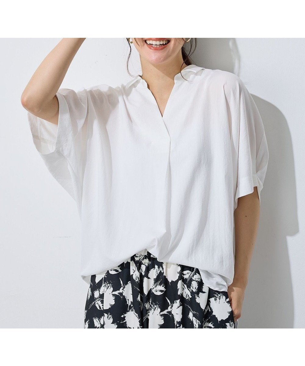 【エニー/ANY】の【新色追加】スキッパーネック袖タックブラウス 人気、トレンドファッション・服の通販 founy(ファニー) 　ファッション　Fashion　レディースファッション　Fashion for Women　トップス・カットソー　Cut & Sew Tops　シャツ・ブラウス・オフィスカジュアル　Elegant Blouses & Button-Ups　スキッパー　Skipper, Open Collar　ストライプ　Stripe, Striped Pattern　デニム　Denim, Jeans Material　フェミニン　Feminine, Girly　夏　Summer　春　Spring　S/S・春夏　SS, Spring/Summer, Warm Season　無地　Plain, Solid Color　 other-1|ID: prp329100004906599 ipo3291000000036737504