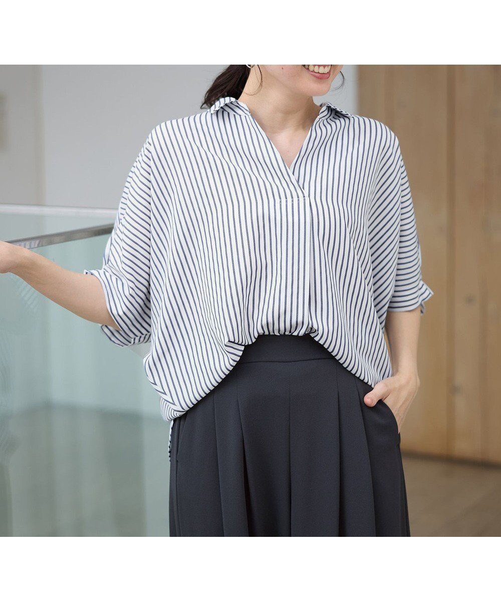 【エニー/ANY】の【新色追加】スキッパーネック袖タックブラウス インテリア・キッズ・メンズ・レディースファッション・服の通販 founy(ファニー) 　ファッション　Fashion　レディースファッション　Fashion for Women　トップス・カットソー　Cut & Sew Tops　シャツ・ブラウス・オフィスカジュアル　Elegant Blouses & Button-Ups　スキッパー　Skipper, Open Collar　ストライプ　Stripe, Striped Pattern　デニム　Denim, Jeans Material　フェミニン　Feminine, Girly　夏　Summer　春　Spring　S/S・春夏　SS, Spring/Summer, Warm Season　無地　Plain, Solid Color　ブルーストライプ|ID: prp329100004906599 ipo3291000000036737518