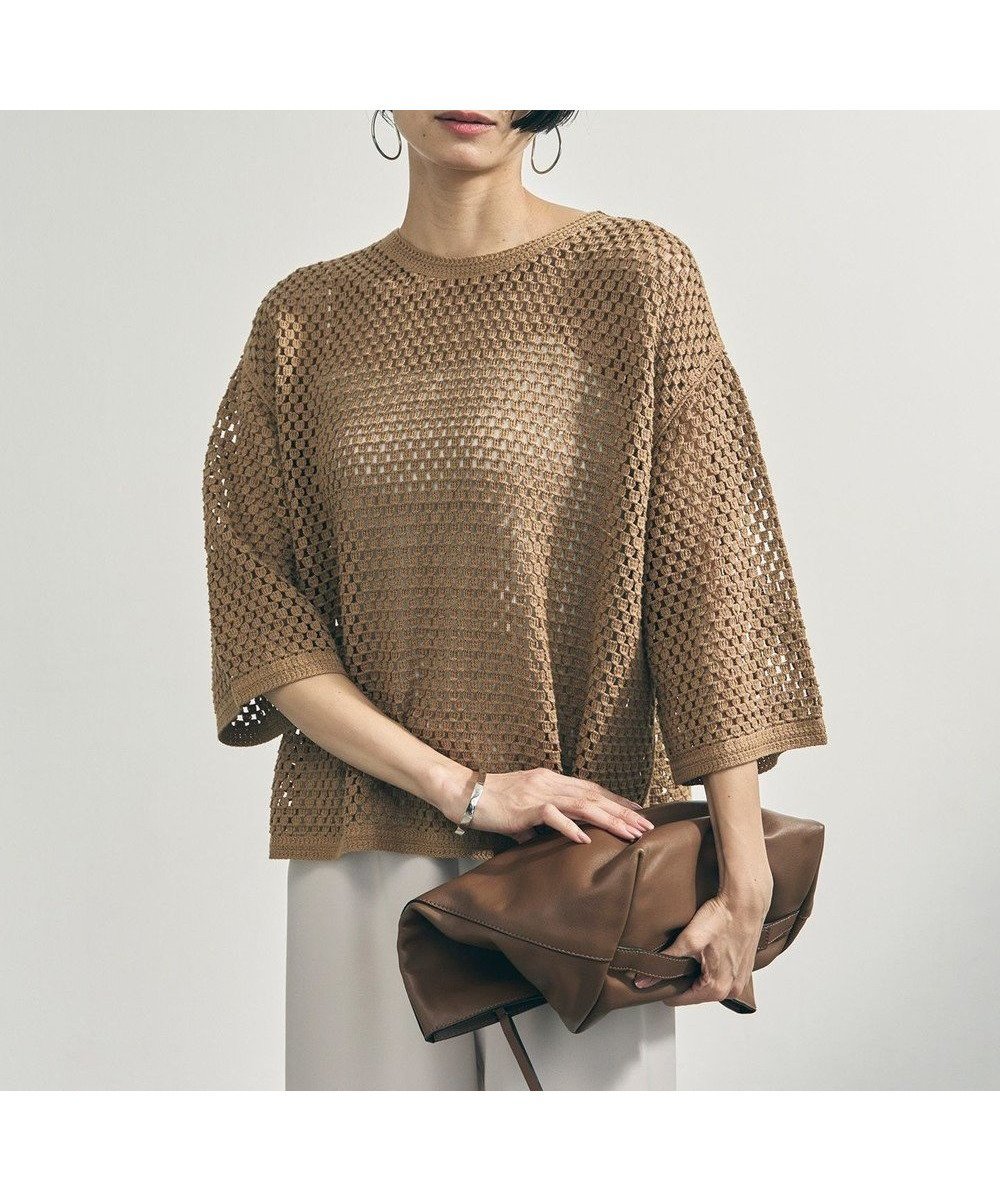 【アンフィーロ 自由区/UNFILO】のクロシェレースニット ハーフスリーブ プルオーバー インテリア・キッズ・メンズ・レディースファッション・服の通販 founy(ファニー) 　ファッション　Fashion　レディースファッション　Fashion for Women　トップス・カットソー　Cut & Sew Tops　ニット　Knit Tops & Sweaters　カジュアルプルオーバー・ニットトップス　Pullovers & Knit Tops / Casual Pullovers　ウォッシャブル　Machine Washable　春　Spring　かぎ針　Crochet　シンプル　Simple, Minimal　スリーブ　Sleeve, Long Sleeve / Short Sleeve　セーター　Sweater, Knitwear　デニム　Denim, Jeans Material　トレンド　Trend, Trending Now　ハーフ　Half, Half-Length　ボトム　Bottoms, Lower Wear　ロング　Long, Long-Length　S/S・春夏　SS, Spring/Summer, Warm Season　おすすめ　Recommended / Our Picks　夏　Summer　キャメル|ID: prp329100004917075 ipo3291000000036867700