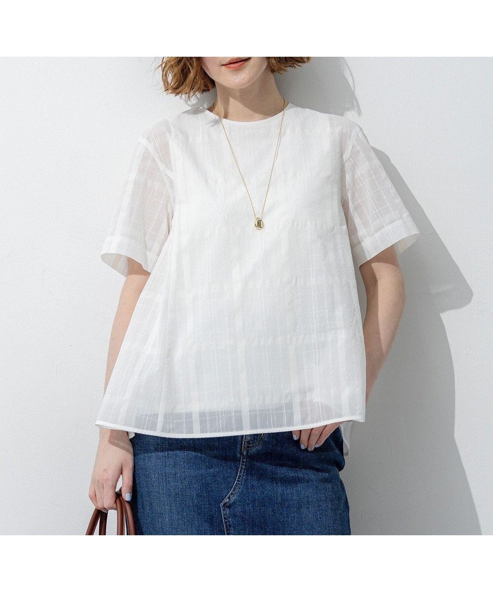 【23区/NIJYUSANKU】の【先行予約】シアーチェックレイヤード フレア Tブラウス インテリア・キッズ・メンズ・レディースファッション・服の通販 founy(ファニー) 　ファッション　Fashion　レディースファッション　Fashion for Women　トップス・カットソー　Cut & Sew Tops　シャツ・ブラウス・オフィスカジュアル　Elegant Blouses & Button-Ups　インナー　Innerwear　エアリー　Airy Texture　春　Spring　カットソー　Cut and Sewn Top　シャドー　Shadow, Subtle Pattern　ジャケット　Jacket, Outerwear　スリーブ　Sleeve, Long Sleeve / Short Sleeve　タンク　Tank Top, Sleeveless Top　チェック　Check, Plaid, Tartan　デニム　Denim, Jeans Material　フレア　Flare, Flared　半袖　Short Sleeve, Half Sleeve　S/S・春夏　SS, Spring/Summer, Warm Season　夏　Summer　エレガント 上品　Elegant　2026年　2026　ホワイト系|ID: prp329100004918948 ipo3291000000036898757