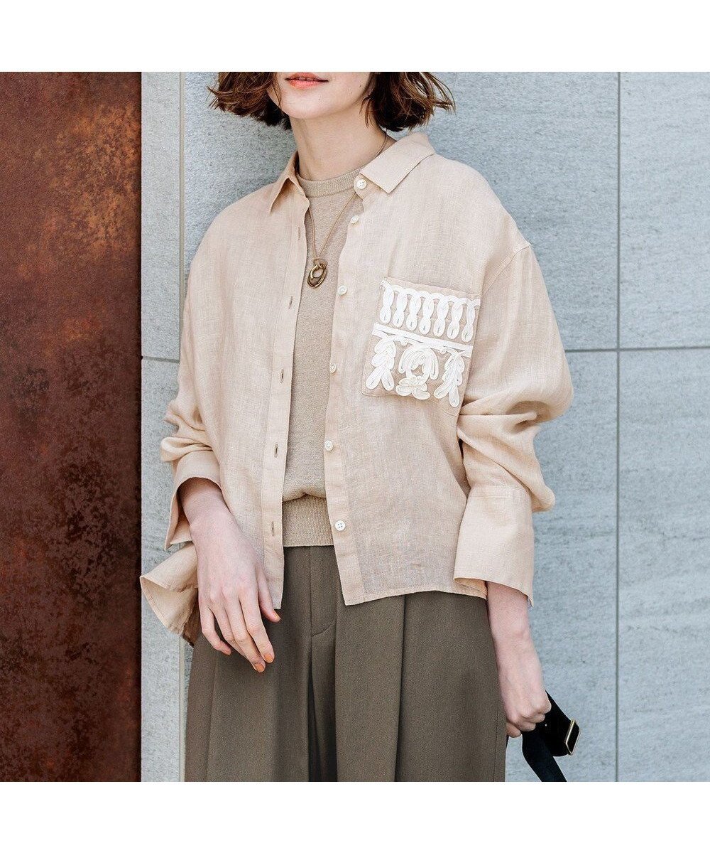 【23区/NIJYUSANKU】の【先行予約】LIBECOリネン ポケット刺繍 クロップドシャツ インテリア・キッズ・メンズ・レディースファッション・服の通販 founy(ファニー) 　ファッション　Fashion　レディースファッション　Fashion for Women　トップス・カットソー　Cut & Sew Tops　シャツ・ブラウス・オフィスカジュアル　Elegant Blouses & Button-Ups　オレンジ　Orange　春　Spring　カフス　Cuff Design　クロップド　Cropped, Short Length　シンプル　Simple, Minimal　スリーブ　Sleeve, Long Sleeve / Short Sleeve　チェック　Check, Plaid, Tartan　トレンド　Trend, Trending Now　バランス　Balance, Style Balance　フェミニン　Feminine, Girly　ベーシック　Basic, Essential　ポケット　Pocket, Pocket Detail　リネン　Linen, Linen Fabric　S/S・春夏　SS, Spring/Summer, Warm Season　夏　Summer　2026年　2026　ベージュ系|ID: prp329100004918951 ipo3291000000036898783
