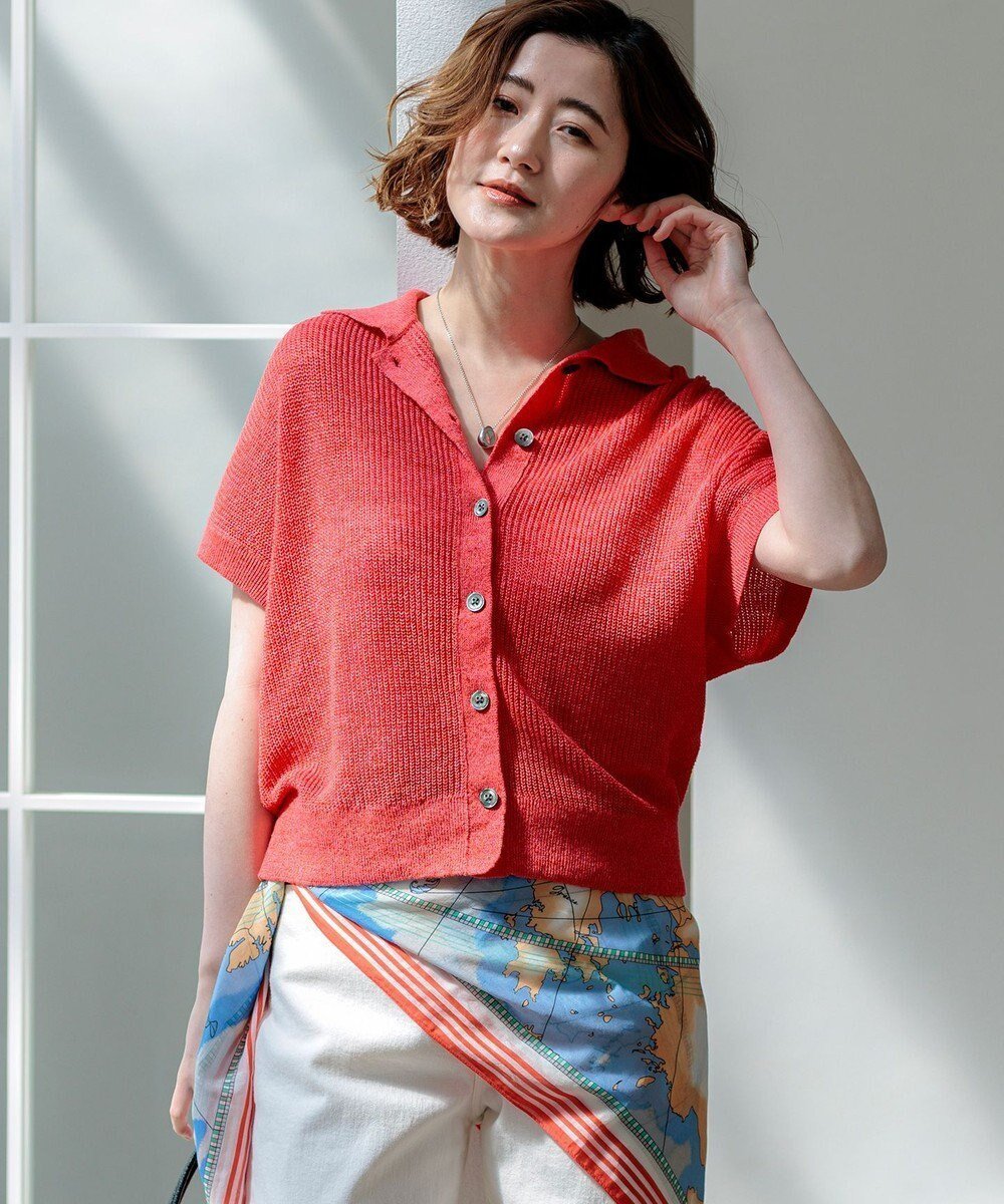 【23区/NIJYUSANKU】のピュアリネン ハーフスリーブ ポロニット インテリア・キッズ・メンズ・レディースファッション・服の通販 founy(ファニー) 　ファッション　Fashion　レディースファッション　Fashion for Women　トップス・カットソー　Cut & Sew Tops　ニット　Knit Tops & Sweaters　春　Spring　畦　Ribbed Knit　コンパクト　Compact, Small Size　スキッパー　Skipper, Open Collar　スリーブ　Sleeve, Long Sleeve / Short Sleeve　セーター　Sweater, Knitwear　トレンド　Trend, Trending Now　ハーフ　Half, Half-Length　バランス　Balance, Style Balance　リネン　Linen, Linen Fabric　リラックス　Relax, Relaxed Fit　ワイド　Wide, Wide Fit　S/S・春夏　SS, Spring/Summer, Warm Season　夏　Summer　2026年　2026　オレンジ系|ID: prp329100004918978 ipo3291000000036899087