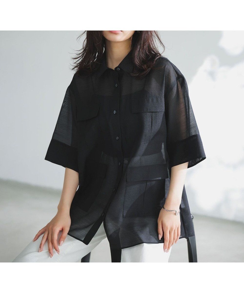 【アンフィーロ 自由区/UNFILO】のシアー サファリシャツ インテリア・キッズ・メンズ・レディースファッション・服の通販 founy(ファニー) 　ファッション　Fashion　レディースファッション　Fashion for Women　トップス・カットソー　Cut & Sew Tops　シャツ・ブラウス・オフィスカジュアル　Elegant Blouses & Button-Ups　オーガンジー　Organza Fabric　春　Spring　キャミソール　Camisole, Spaghetti Strap Top　軽量　Lightweight, Ultra Light　シアー　Sheer, See-Through　ジャケット　Jacket, Outerwear　タンク　Tank Top, Sleeveless Top　トレンド　Trend, Trending Now　バランス　Balance, Style Balance　ポケット　Pocket, Pocket Detail　ロング　Long, Long-Length　楽ちん　Easy Fit, Comfortable　S/S・春夏　SS, Spring/Summer, Warm Season　再入荷　Restock / Back in Stock　夏　Summer　エレガント 上品　Elegant　新作・新入荷　New Arrivals / New In　ブラック|ID: prp329100004918995 ipo3291000000036899306
