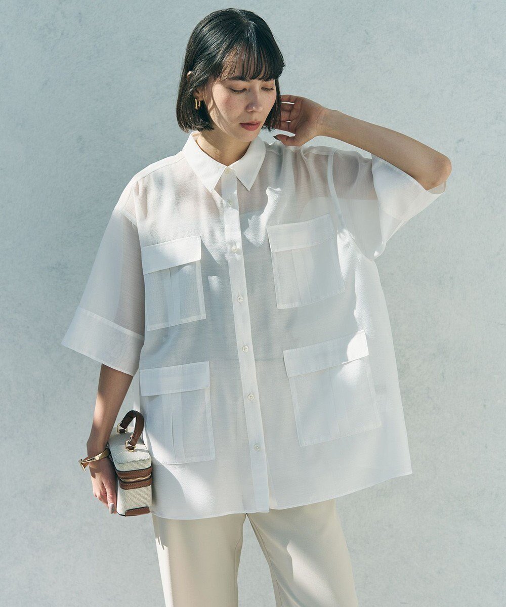 【アンフィーロ 自由区/UNFILO】のシアー サファリシャツ インテリア・キッズ・メンズ・レディースファッション・服の通販 founy(ファニー) 　ファッション　Fashion　レディースファッション　Fashion for Women　トップス・カットソー　Cut & Sew Tops　シャツ・ブラウス・オフィスカジュアル　Elegant Blouses & Button-Ups　オーガンジー　Organza Fabric　春　Spring　キャミソール　Camisole, Spaghetti Strap Top　軽量　Lightweight, Ultra Light　シアー　Sheer, See-Through　ジャケット　Jacket, Outerwear　タンク　Tank Top, Sleeveless Top　トレンド　Trend, Trending Now　バランス　Balance, Style Balance　ポケット　Pocket, Pocket Detail　ロング　Long, Long-Length　楽ちん　Easy Fit, Comfortable　S/S・春夏　SS, Spring/Summer, Warm Season　再入荷　Restock / Back in Stock　夏　Summer　エレガント 上品　Elegant　新作・新入荷　New Arrivals / New In　オフ|ID: prp329100004918995 ipo3291000000036899310