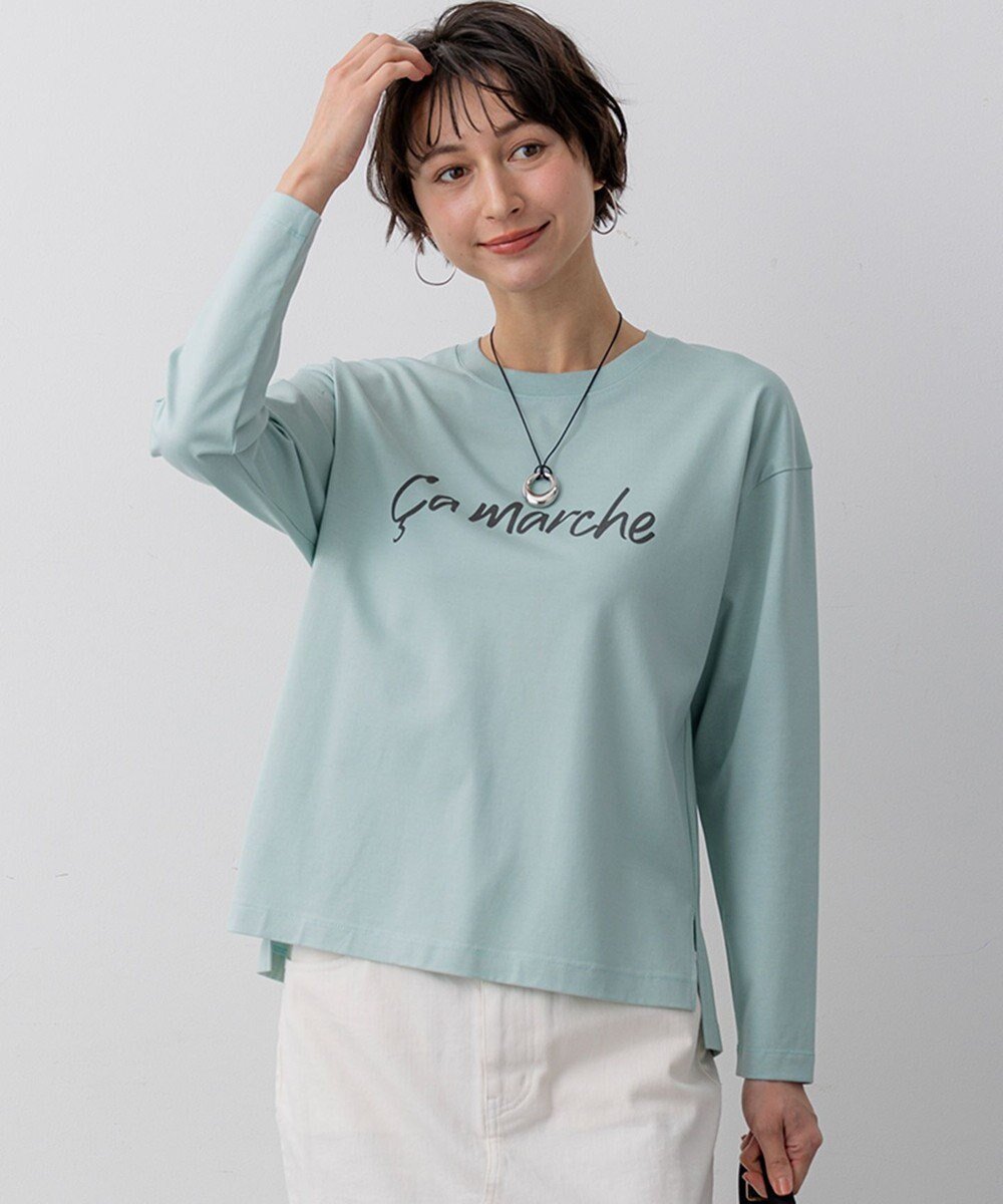 【23区/NIJYUSANKU】のCa marche ロゴ ロングTシャツ インテリア・キッズ・メンズ・レディースファッション・服の通販 founy(ファニー) 　ファッション　Fashion　レディースファッション　Fashion for Women　トップス・カットソー　Cut & Sew Tops　シャツ・ブラウス・オフィスカジュアル　Elegant Blouses & Button-Ups　ロングTシャツ・Tシャツ　Longline T-Shirts & Tees　カットソー・ベーシックTシャツ　Cut-and-Sewn Tops / Stretch Tees & Basics　春　Spring　カットソー　Cut and Sewn Top　シンプル　Simple, Minimal　ジャケット　Jacket, Outerwear　スリーブ　Sleeve, Long Sleeve / Short Sleeve　ロング　Long, Long-Length　S/S・春夏　SS, Spring/Summer, Warm Season　おすすめ　Recommended / Our Picks　夏　Summer　エレガント 上品　Elegant　2026年　2026　ライトグリーン系|ID: prp329100004921794 ipo3291000000036928584